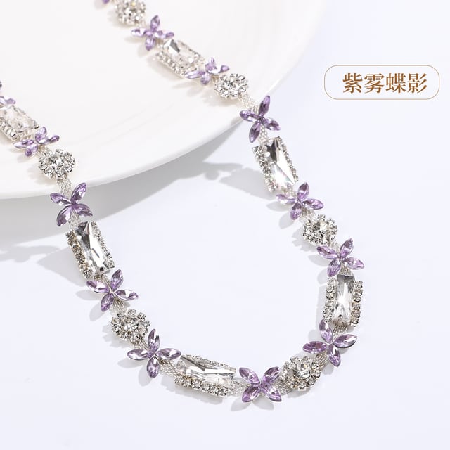 3D Floral Rhinestone Chain: Purple / silver-tone base · 1.2 cm