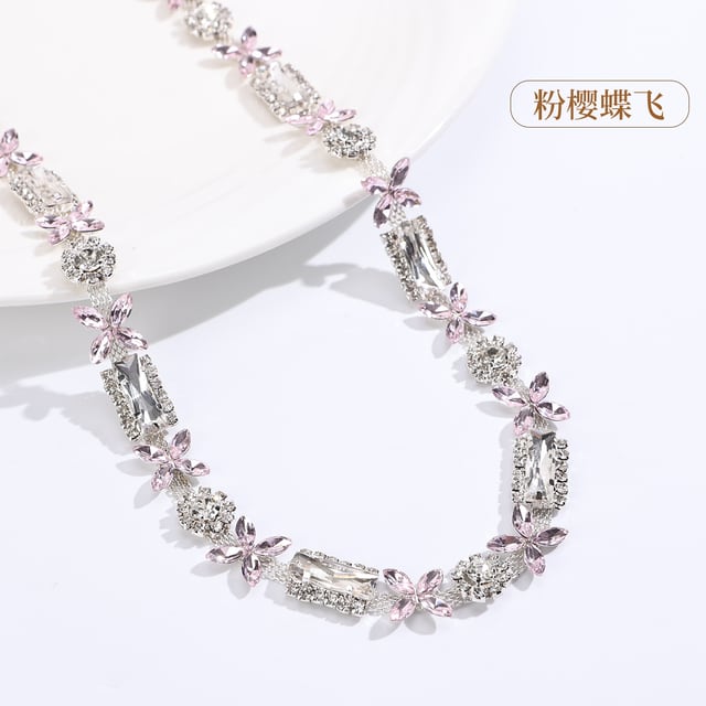 3D Floral Rhinestone Chain: Pink / silver-tone base · 1.2 cm