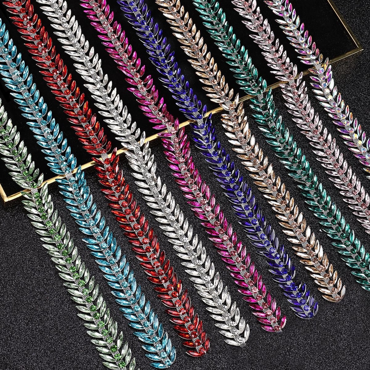 Leaf-shaped glass crystal trims in assorted colors