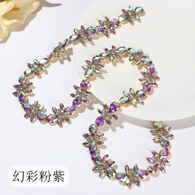 Teardrop Floral Crystal Chain: Pink-purple / gold-tone