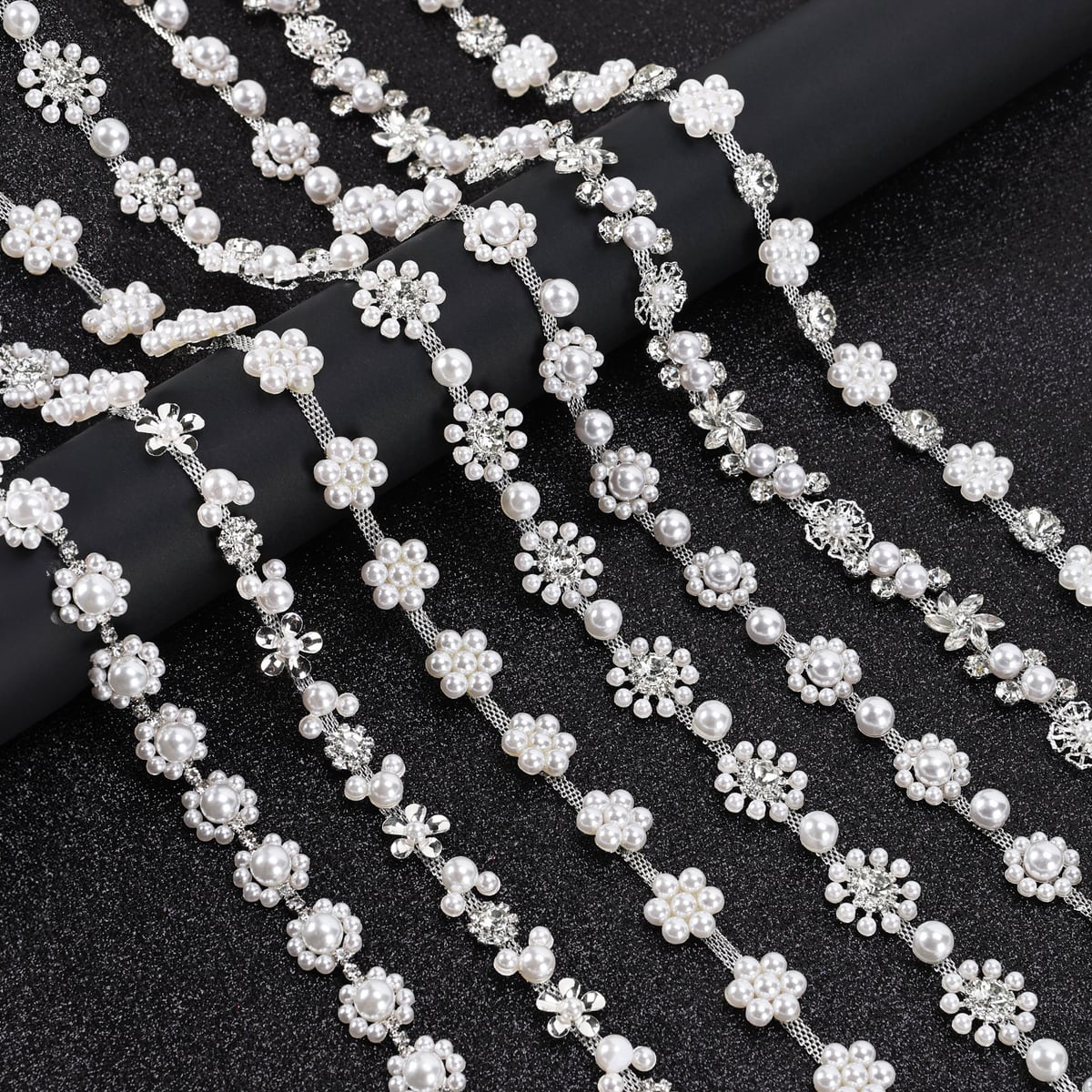 Pearl-look flower trim with rhinestone accents