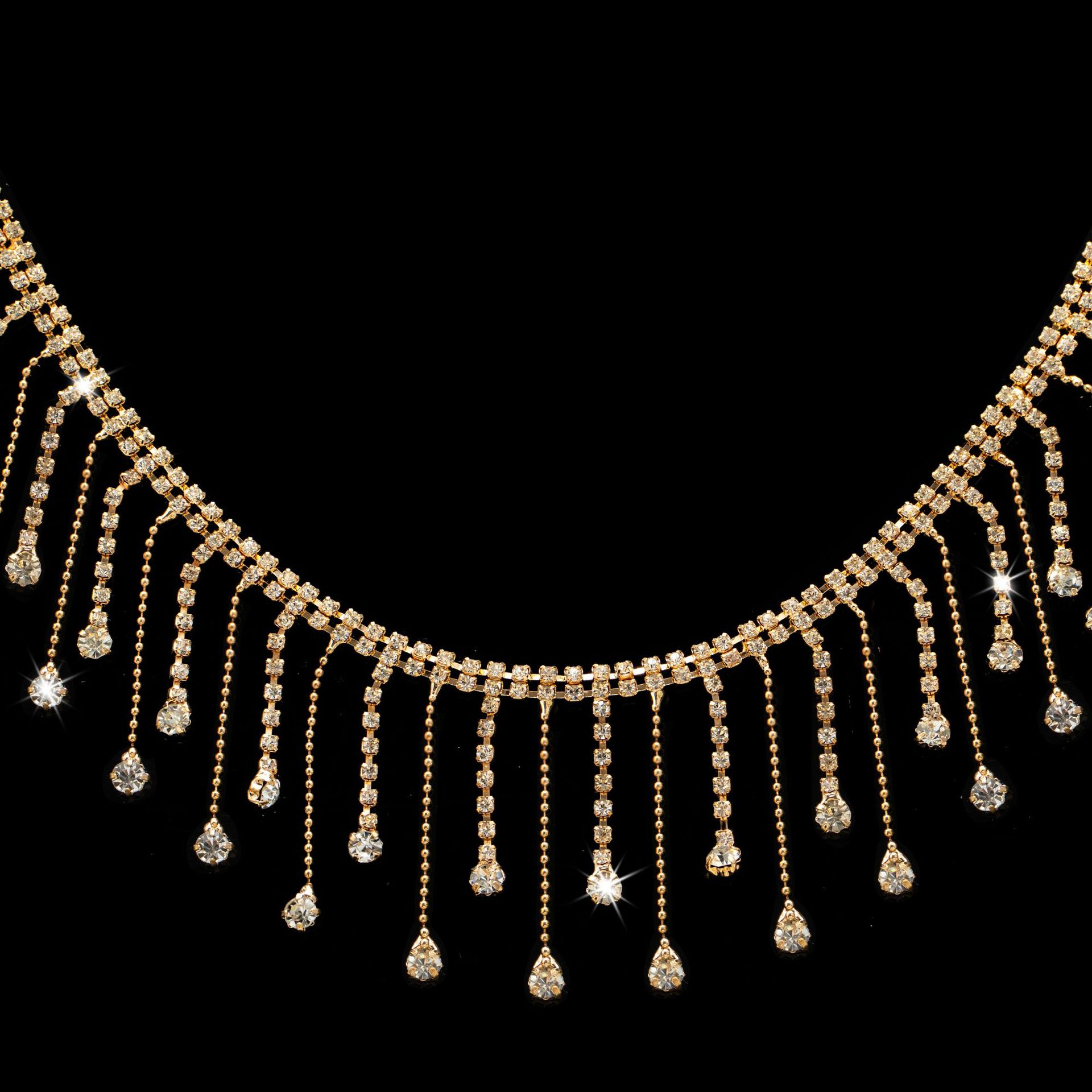 Round & Teardrop Rhinestone Fringe, 5.5–6 cm — Champagne gold, 5.5 cm wide