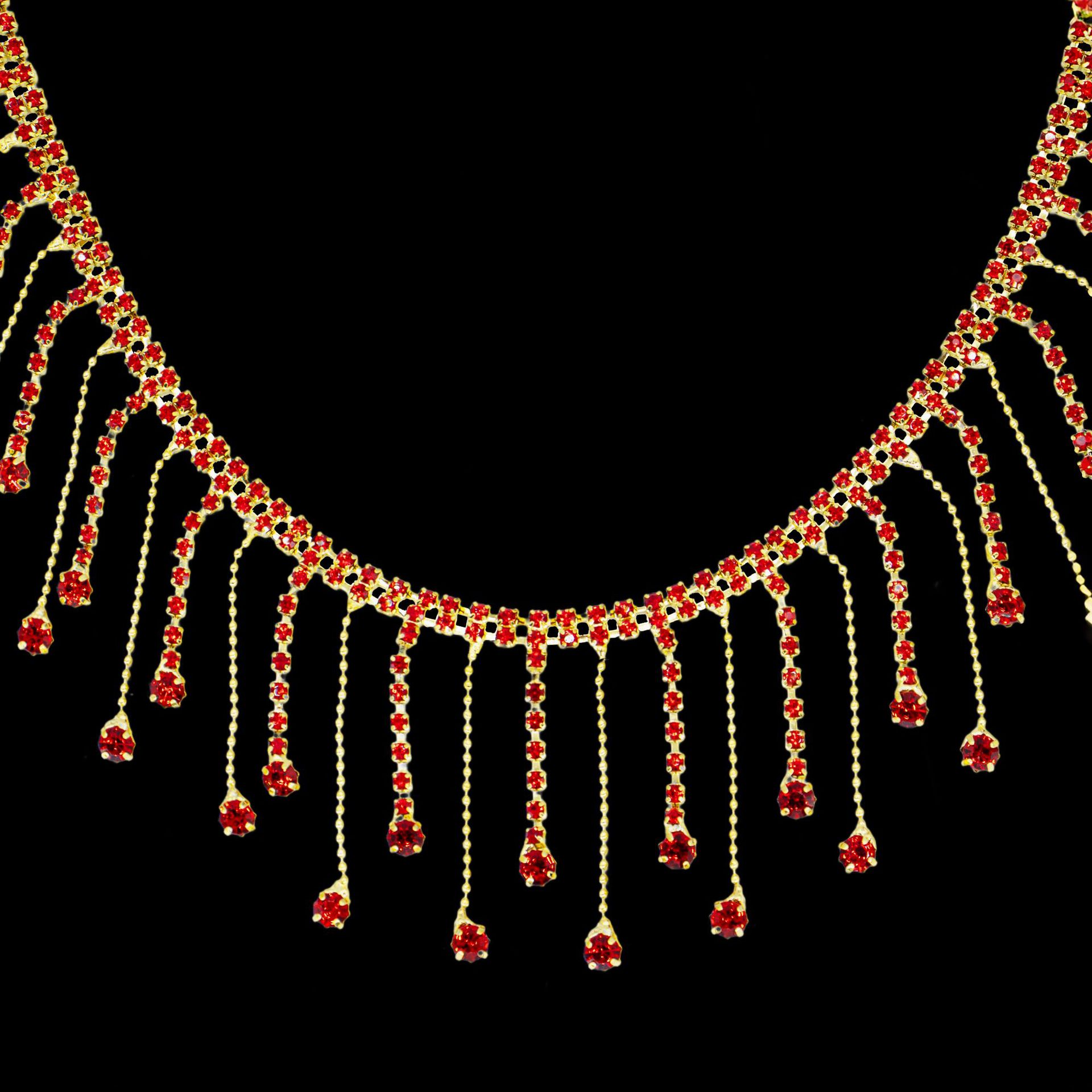 Round & Teardrop Rhinestone Fringe, 5.5–6 cm — Gold base / red, 5.5 cm wide