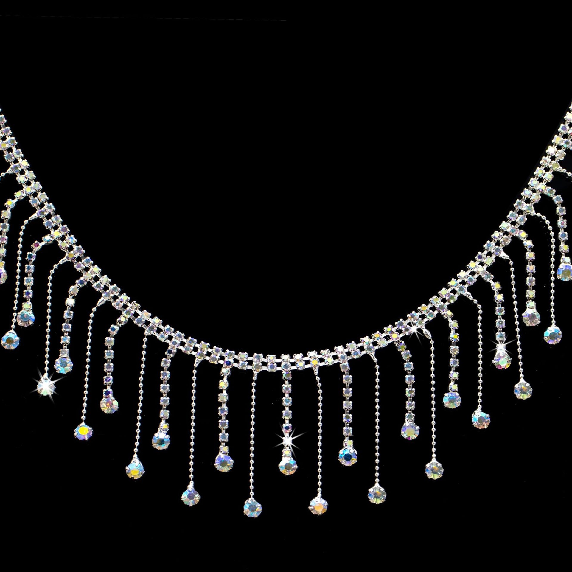 Round & Teardrop Rhinestone Fringe, 5.5–6 cm — Silver AB color, 5.5 cm wide