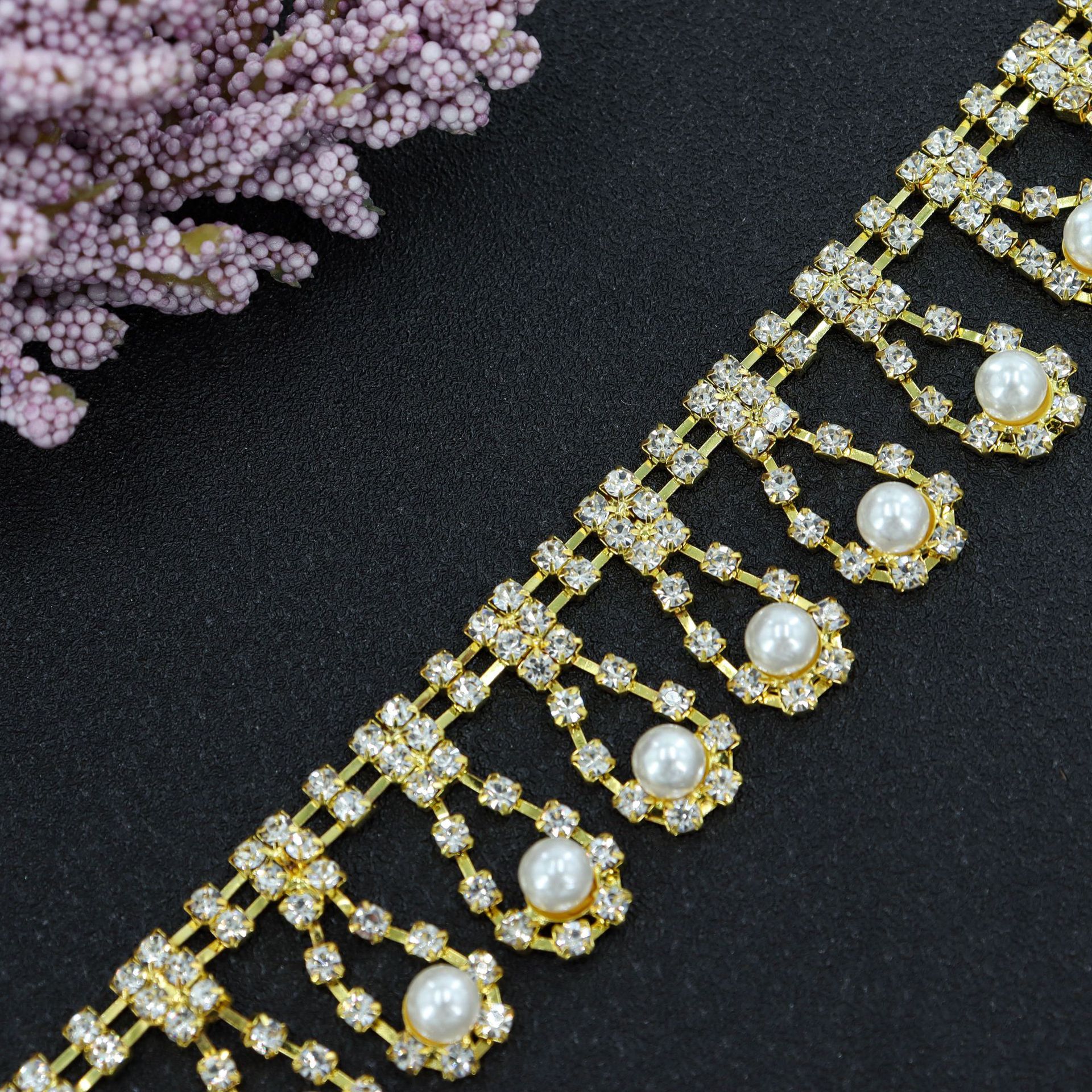 Pearl Rhinestone Chains with Iron & Copper Options — Gold-color dangling pearl rhinestone chain, 3 cm wide