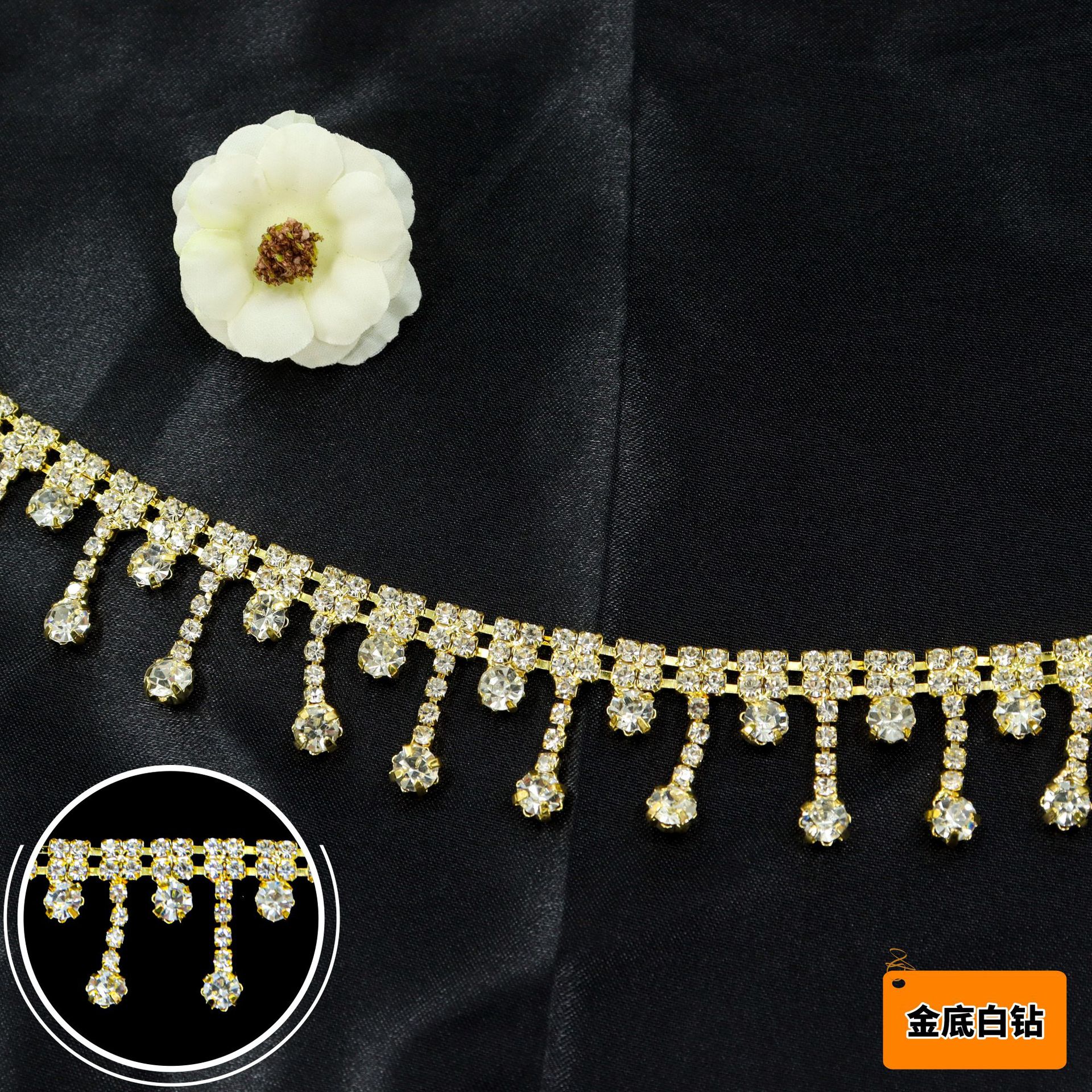 Short Rhinestone Drop Fringe, 2.2 & 2.6 cm — Gold base / white rhinestones, 2.2 cm