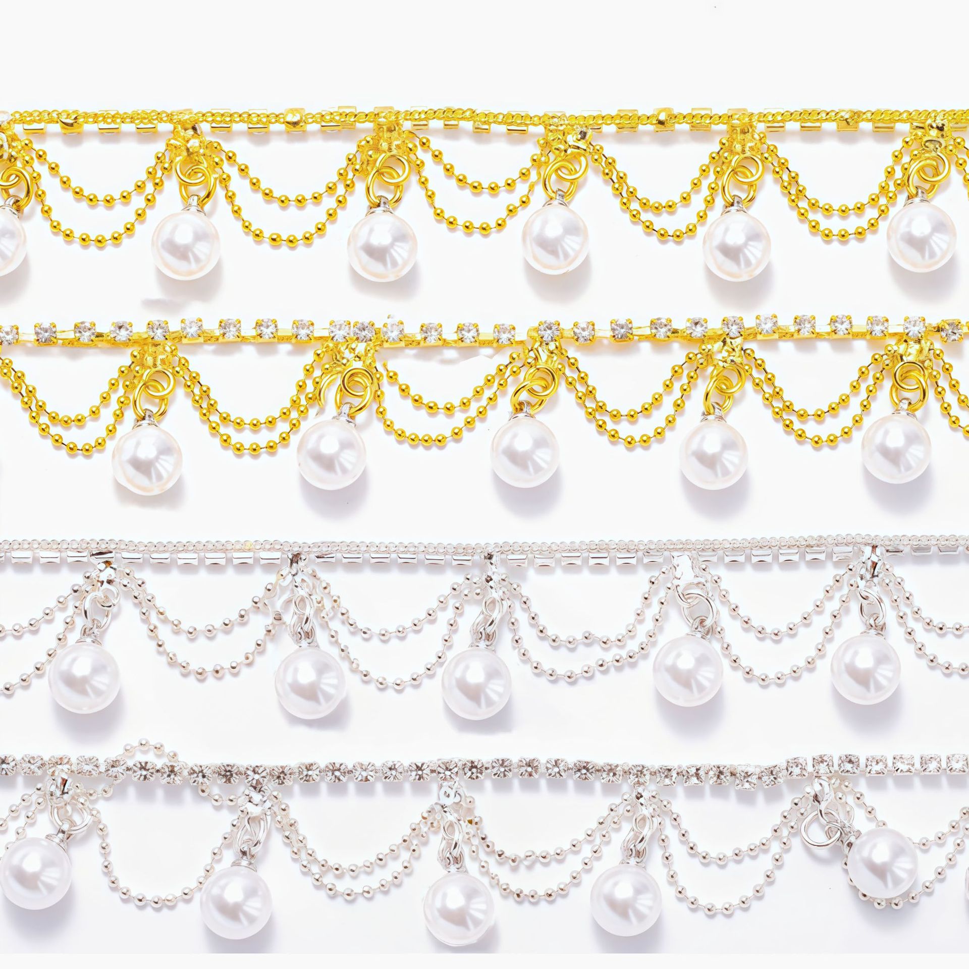Scalloped Pearl Dangle Rhinestone Trim, 2 cm: supplied design and finish reference
