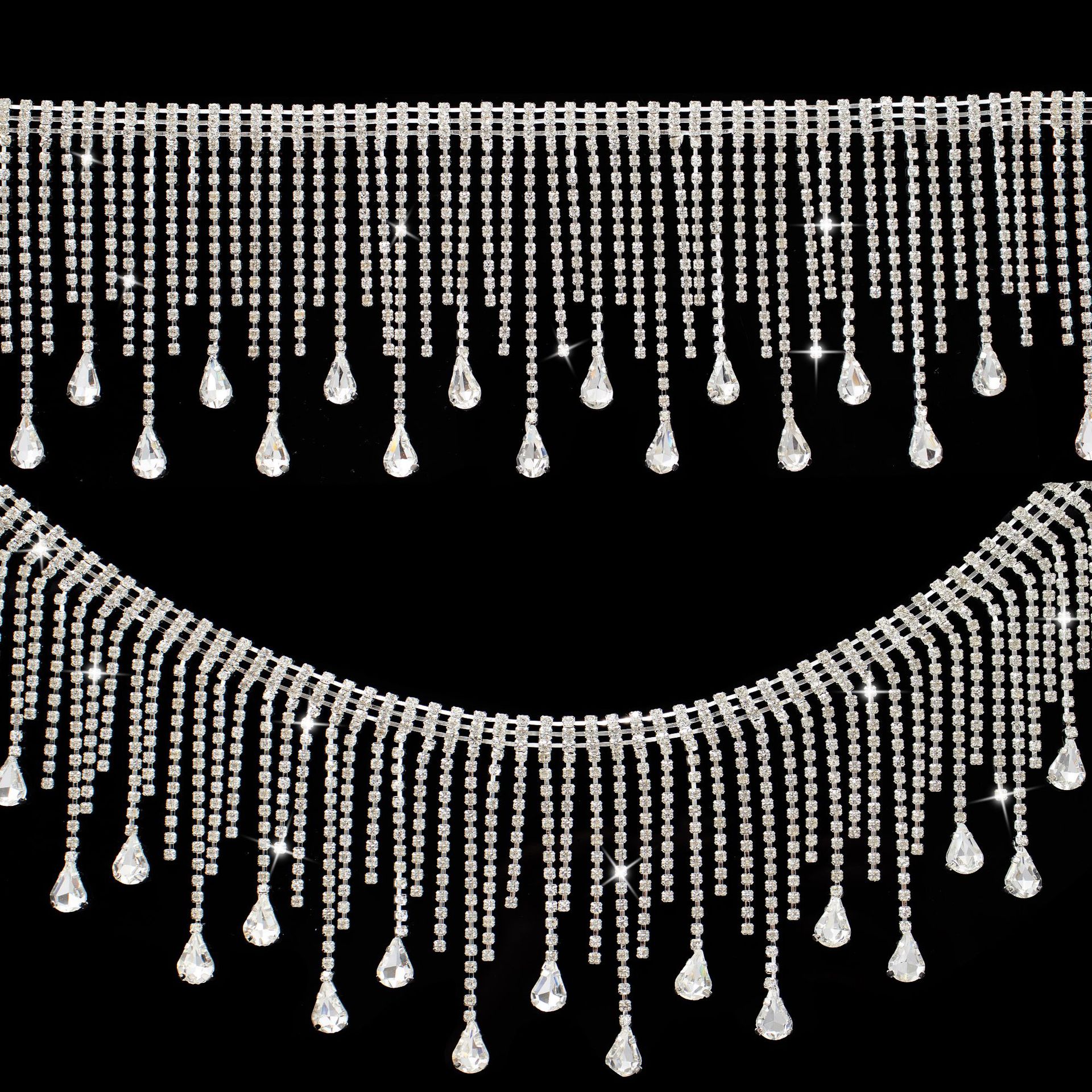 Three-Row Teardrop Rhinestone Fringe, 9 cm motif and placement reference
