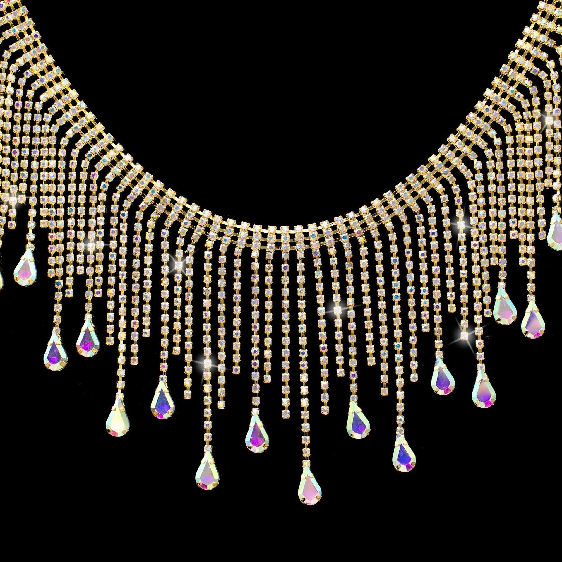 Three-Row Teardrop Rhinestone Fringe, 9 cm — three-row teardrop*gold AB*width 9cm / iron (1 source yard / approx 90 cm)