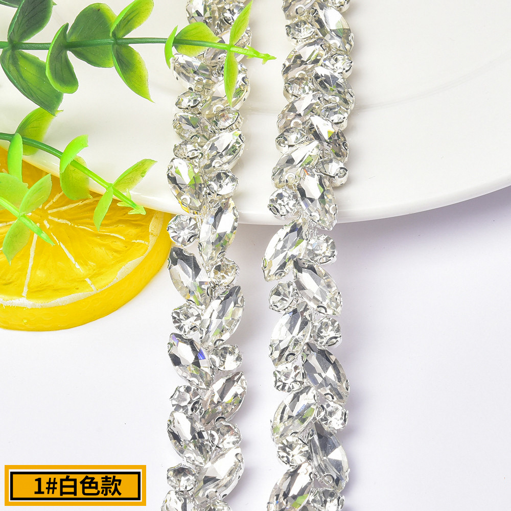 Marquise Glass Trim in Sparse, Medium & Dense Layouts — marquise rhinestone chain/densest- (white)weight 110 g per source yard / 1 source yard / approx 90 cm width 1.4 (unit cm in packaging table)