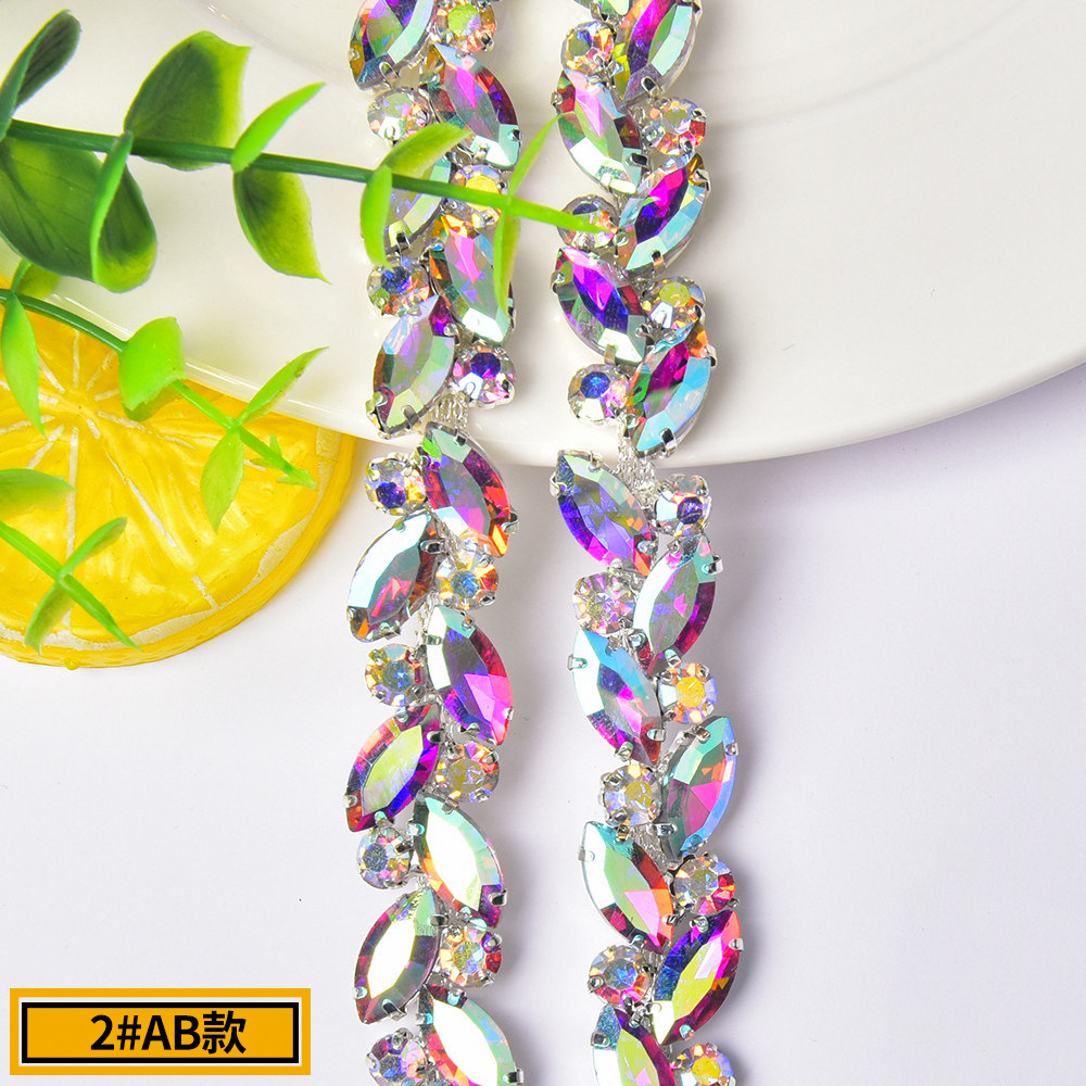 Marquise Glass Trim in Sparse, Medium & Dense Layouts — marquise rhinestone chain/densest- (AB)weight 110 g per source yard / 1 source yard / approx 90 cm width 1.4 (unit cm in packaging table)