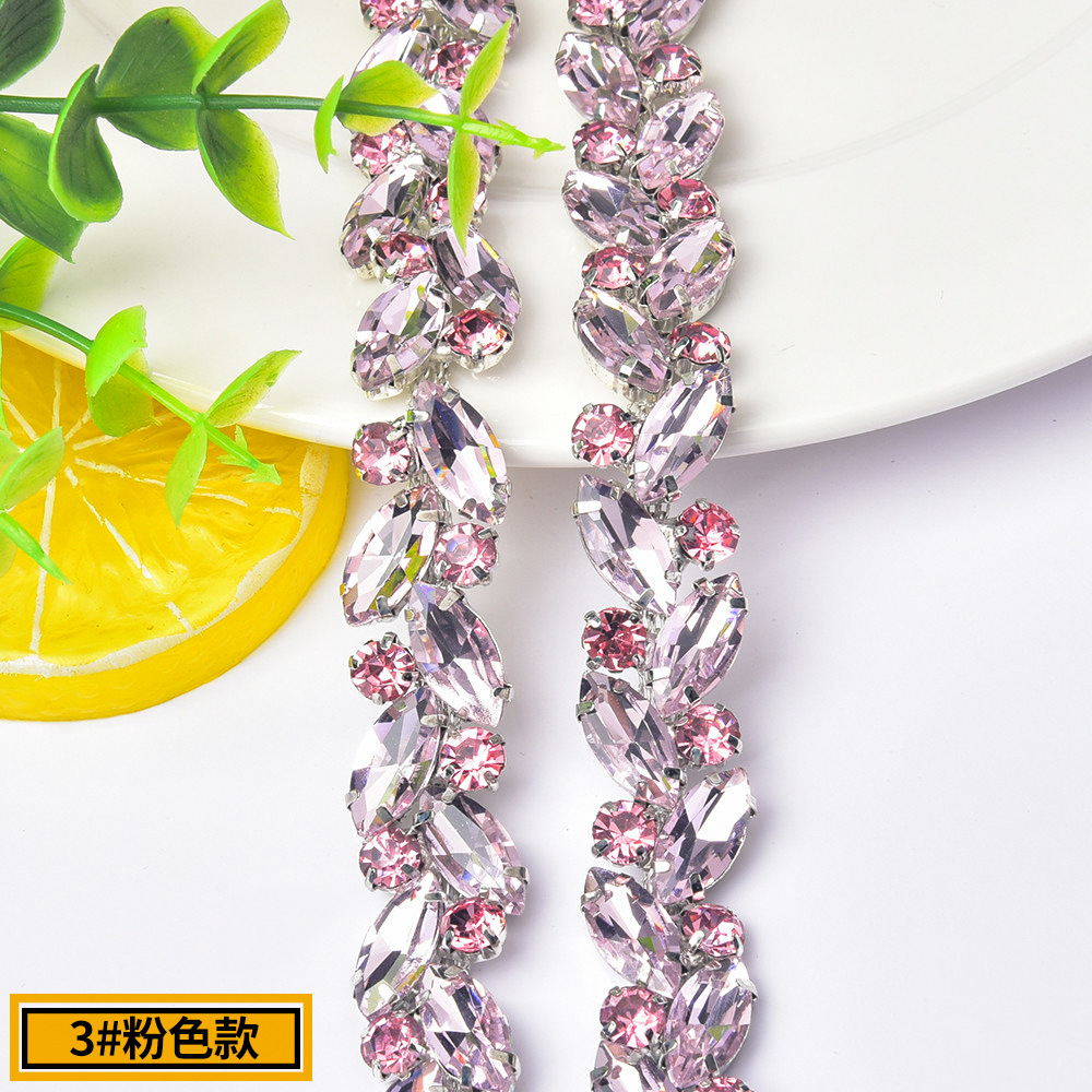 Marquise Glass Trim in Sparse, Medium & Dense Layouts — marquise rhinestone chain/densest- (pink)weight 110 g per source yard / 1 source yard / approx 90 cm width 1.4 (unit cm in packaging table)