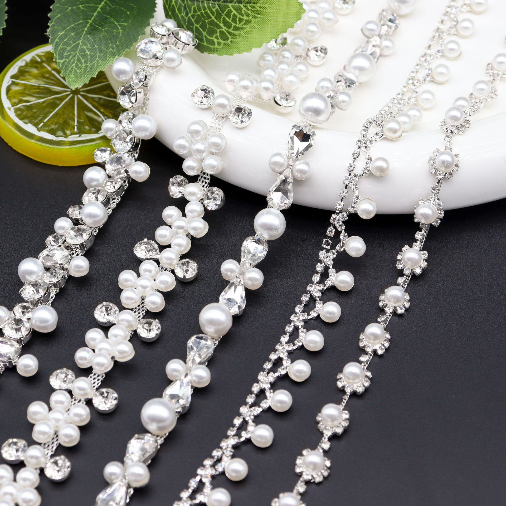 Bridal Pearl Trim: Five Floral & Drop Designs: supplied design and finish reference