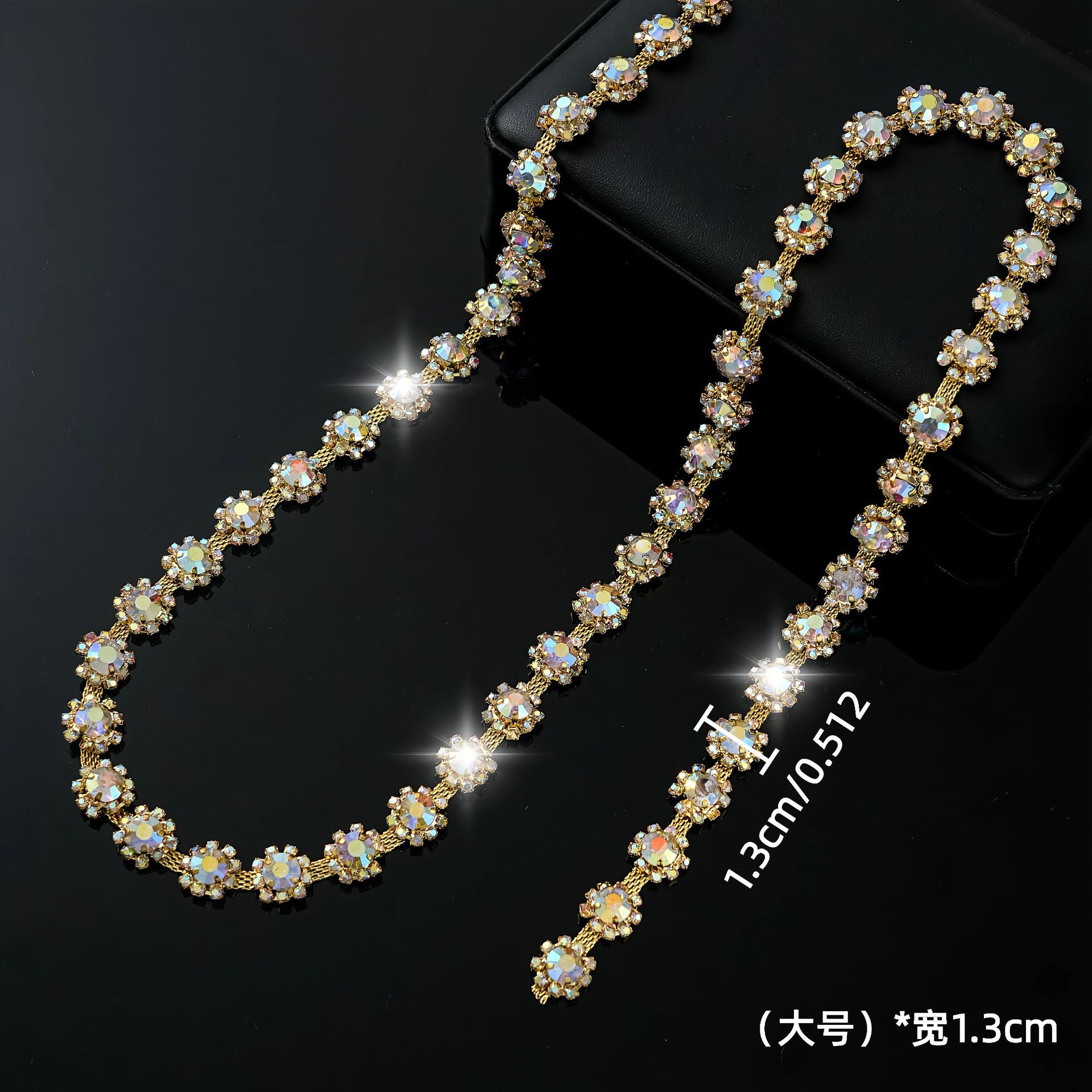 Small & Large Sunflower Rhinestone Chain — gold AB*1.3cm width -large / standard 1 source yard / approximately 90 cm long ( source packing: 10 units per roll)