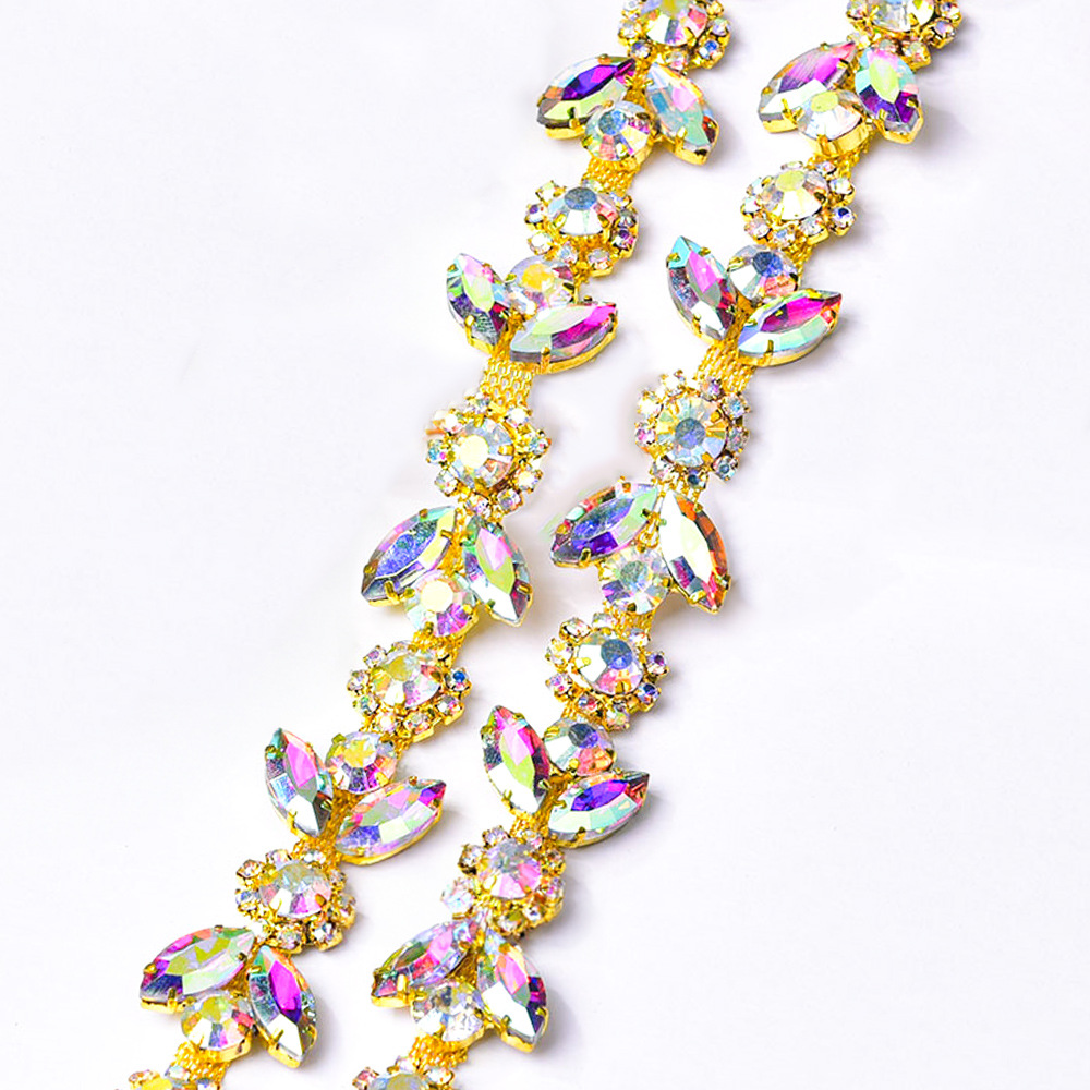 Marquise & Flower Crystal Chain, Ten Color Layouts — gold base / colorful rhinestones / 1 source yard / approximately 90 cm