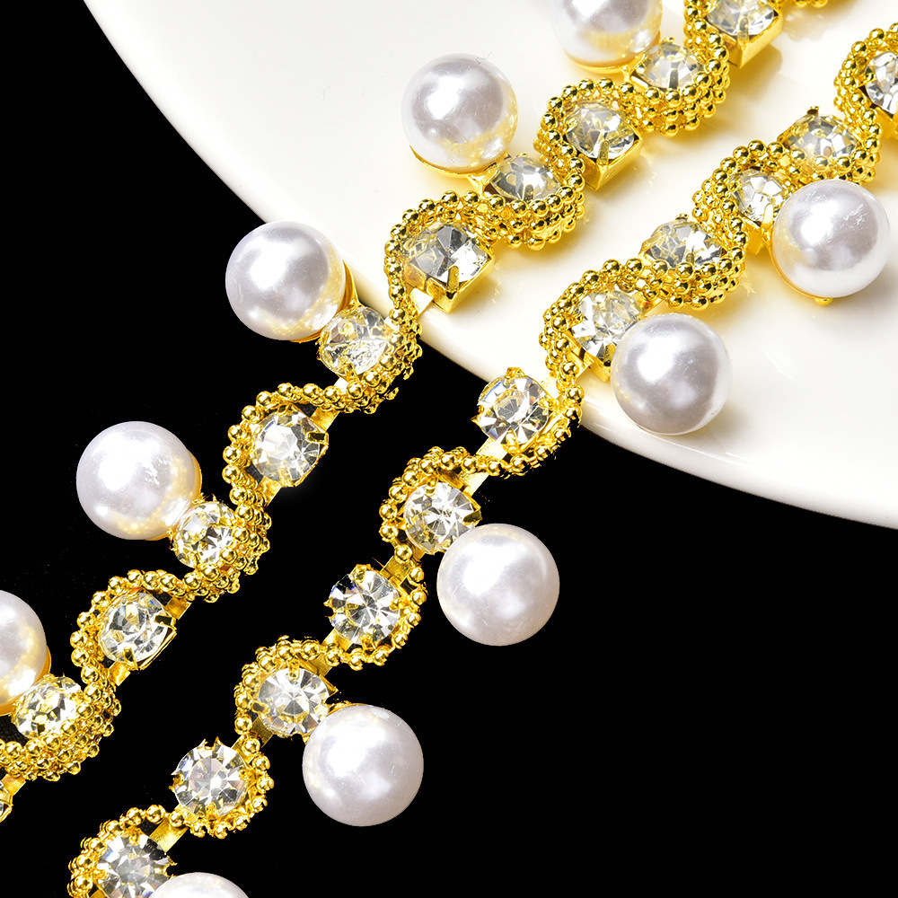 Pearl Rhinestone Border Collection, Nine Designs — 1.8cm width gold dangling pearl / (1 source yard / approximately 90 cm)