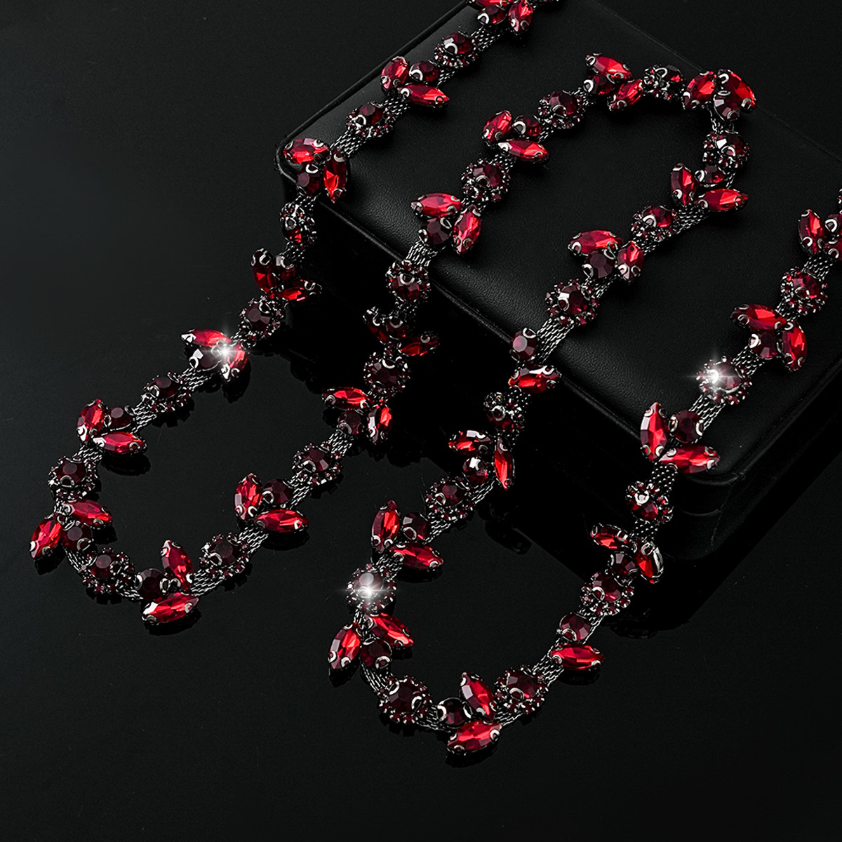 Colored Crystal Chain in Sparse & Dense Repeats — sparse design-bright red- width 2.2cm- weight: 100g 1 source yard / 1 source yard / approximately 90 cm long ( source packing: 10 units per roll)
