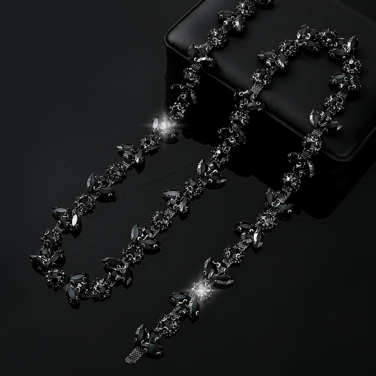 Colored Crystal Chain in Sparse & Dense Repeats — dense design-black- width 2.1cm- weight: 120g 1 source yard / 1 source yard / approximately 90 cm long ( source packing: 10 units per roll)
