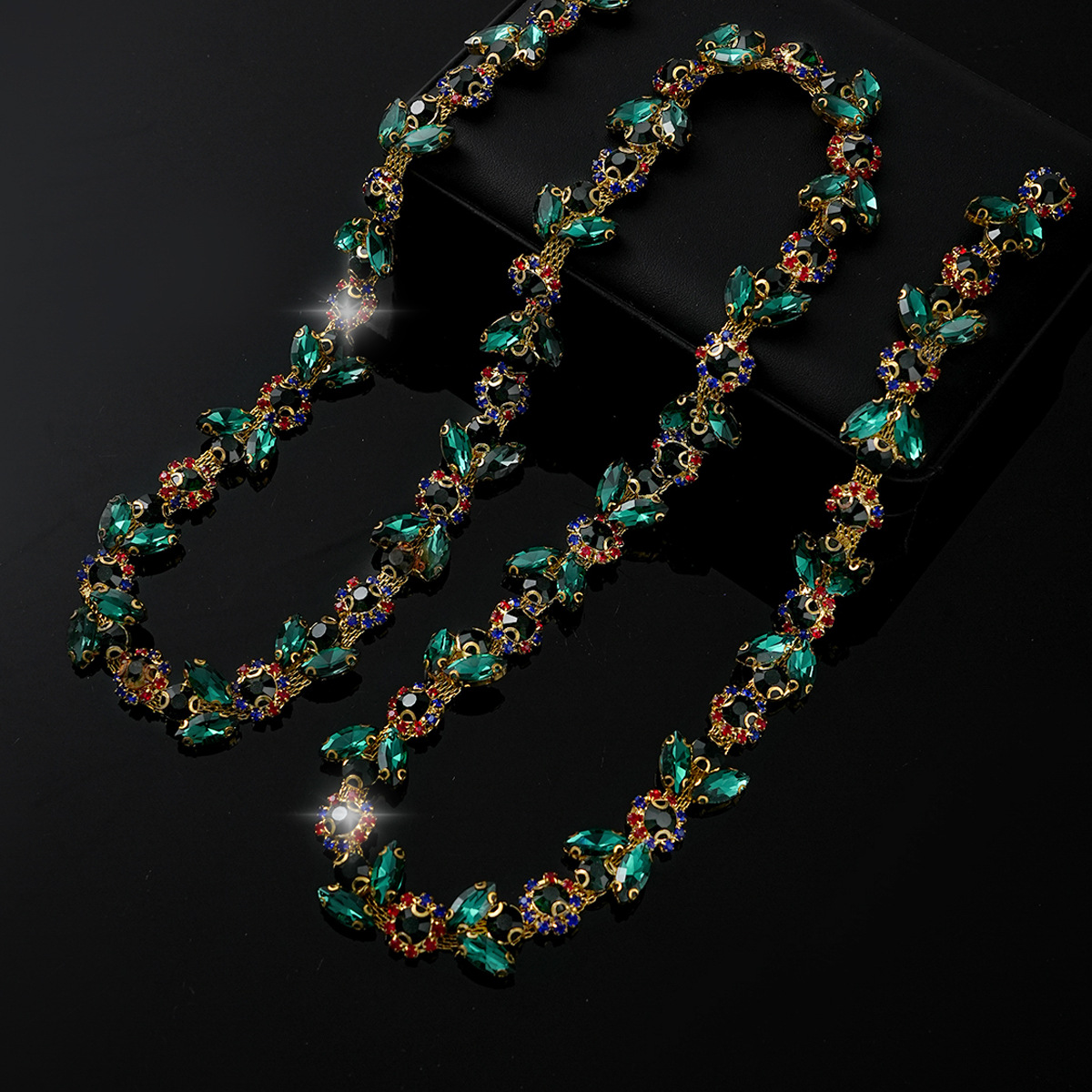 Colored Crystal Chain in Sparse & Dense Repeats — dense design-green- width 2.1cm- weight: 120g 1 source yard / 1 source yard / approximately 90 cm long ( source packing: 10 units per roll)