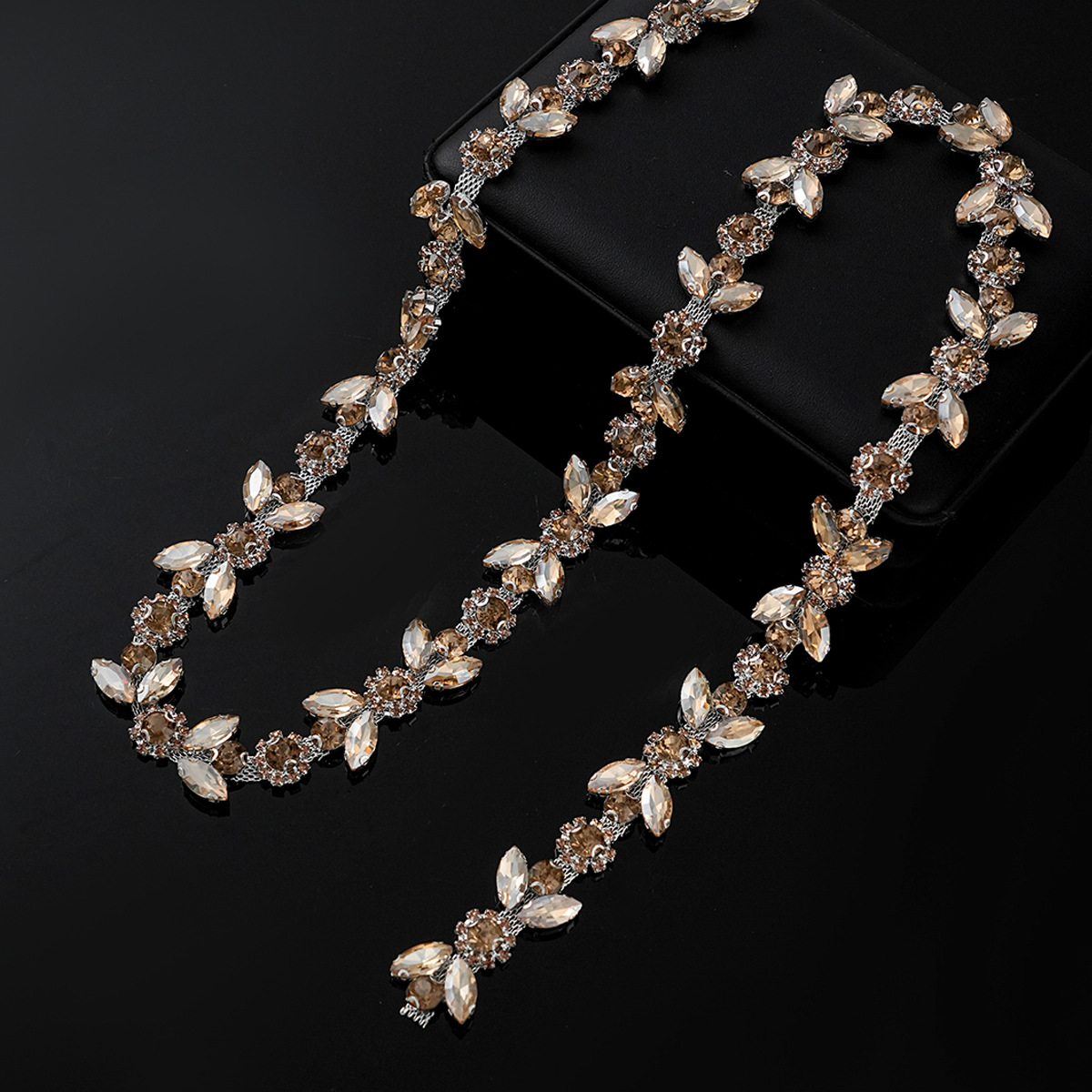 Colored Crystal Chain in Sparse & Dense Repeats — dense design-champagne gold- width 2.1cm- weight: 120g 1 source yard / 1 source yard / approximately 90 cm long ( source packing: 10 units per roll)