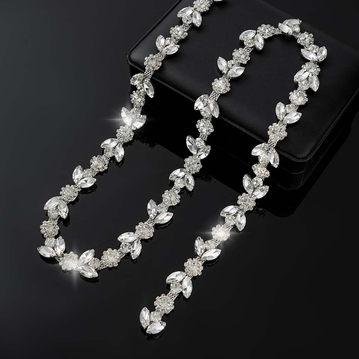 Colored Crystal Chain in Sparse & Dense Repeats — dense design-silver base / white rhinestones- width 2.1cm- weight: 120g 1 source yard / 1 source yard / approximately 90 cm long ( source packing: 10 units per roll)