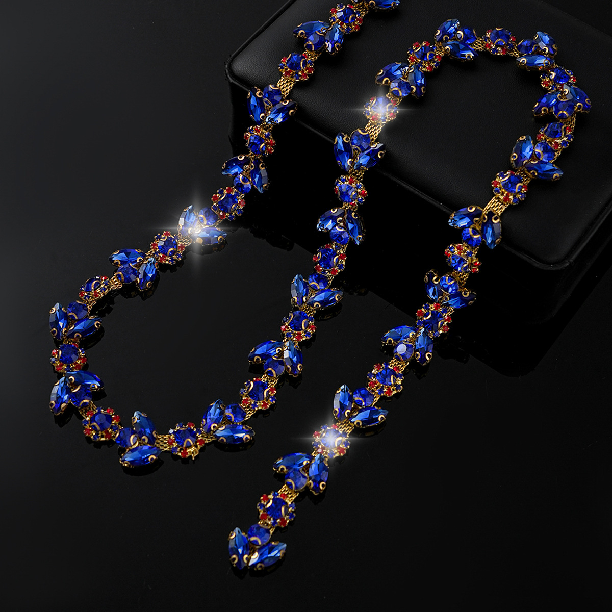Colored Crystal Chain in Sparse & Dense Repeats — dense design-blue- width 2.1cm- weight: 120g 1 source yard / 1 source yard / approximately 90 cm long ( source packing: 10 units per roll)