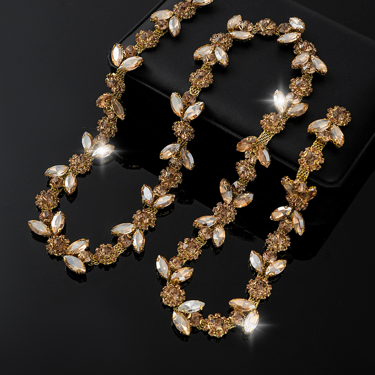 Colored Crystal Chain in Sparse & Dense Repeats — dense design-golden yellow- width 2.1cm- weight: 120g 1 source yard / 1 source yard / approximately 90 cm long ( source packing: 10 units per roll)