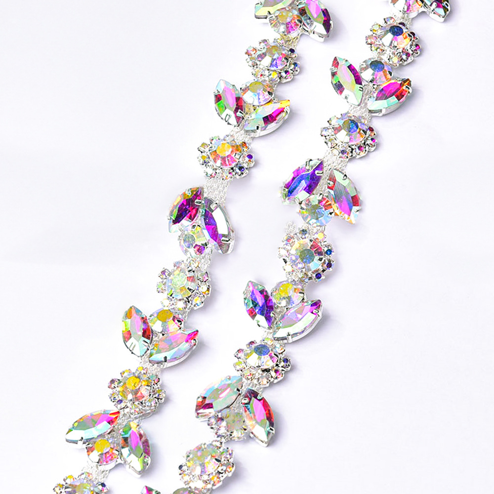 Colored Crystal Chain in Sparse & Dense Repeats — dense design-silver AB- width 2.1cm- weight: 120g 1 source yard / 1 source yard / approximately 90 cm long ( source packing: 10 units per roll)