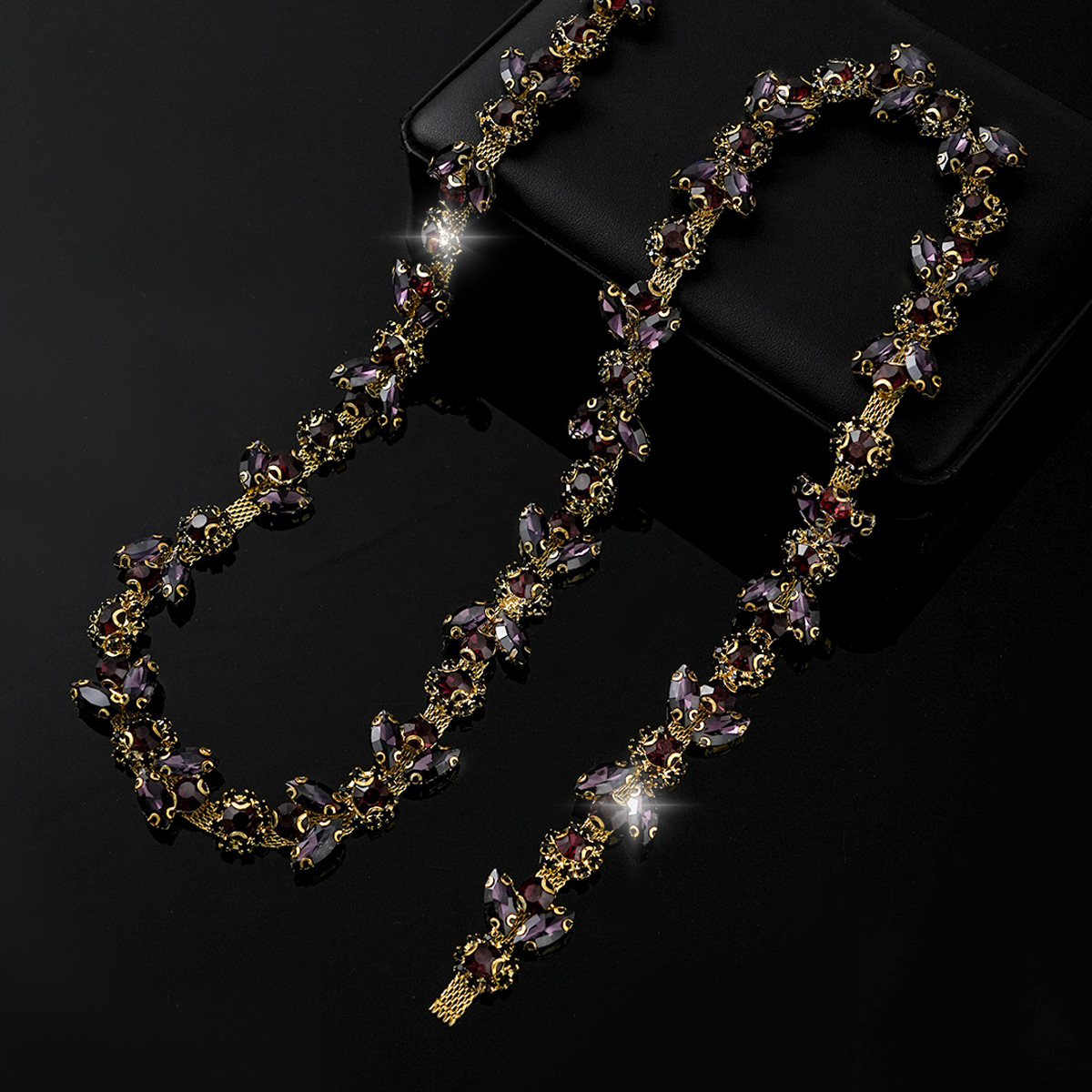 Colored Crystal Chain in Sparse & Dense Repeats — dense design-deep purple- width 2.1cm- weight: 120g 1 source yard / 1 source yard / approximately 90 cm long ( source packing: 10 units per roll)