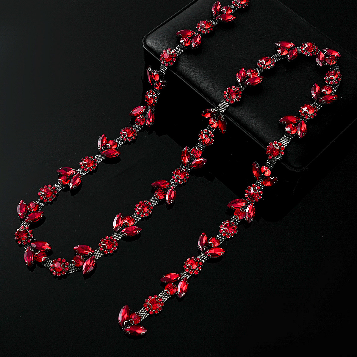 Colored Crystal Chain in Sparse & Dense Repeats — sparse design-deep red- width 2.2cm- weight: 100g 1 source yard / 1 source yard / approximately 90 cm long ( source packing: 10 units per roll)