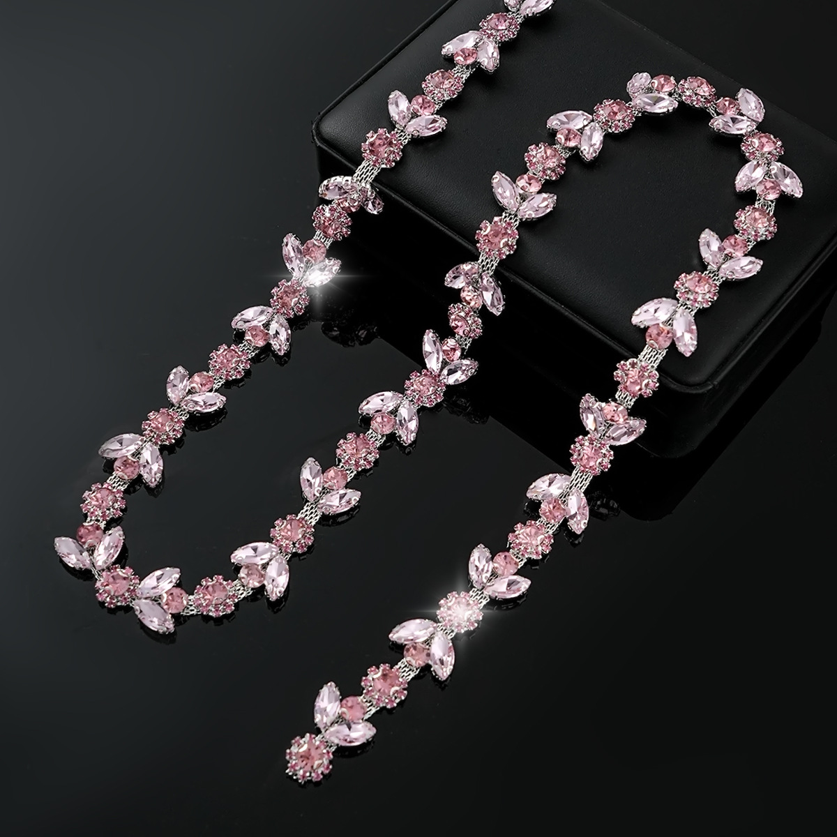 Colored Crystal Chain in Sparse & Dense Repeats — dense design-pink rhinestones- width 2.1cm- weight: 120g 1 source yard / 1 source yard / approximately 90 cm long ( source packing: 10 units per roll)