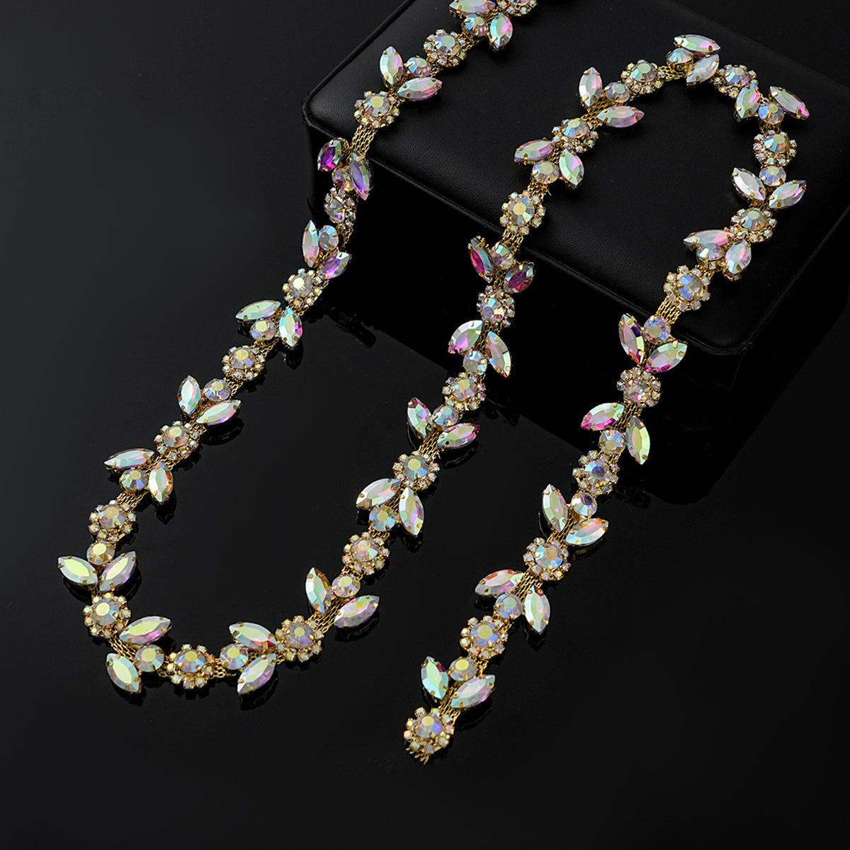 Colored Crystal Chain in Sparse & Dense Repeats — dense design-gold AB rhinestones- width 2.1cm- weight: 120g 1 source yard / 1 source yard / approximately 90 cm long ( source packing: 10 units per roll)