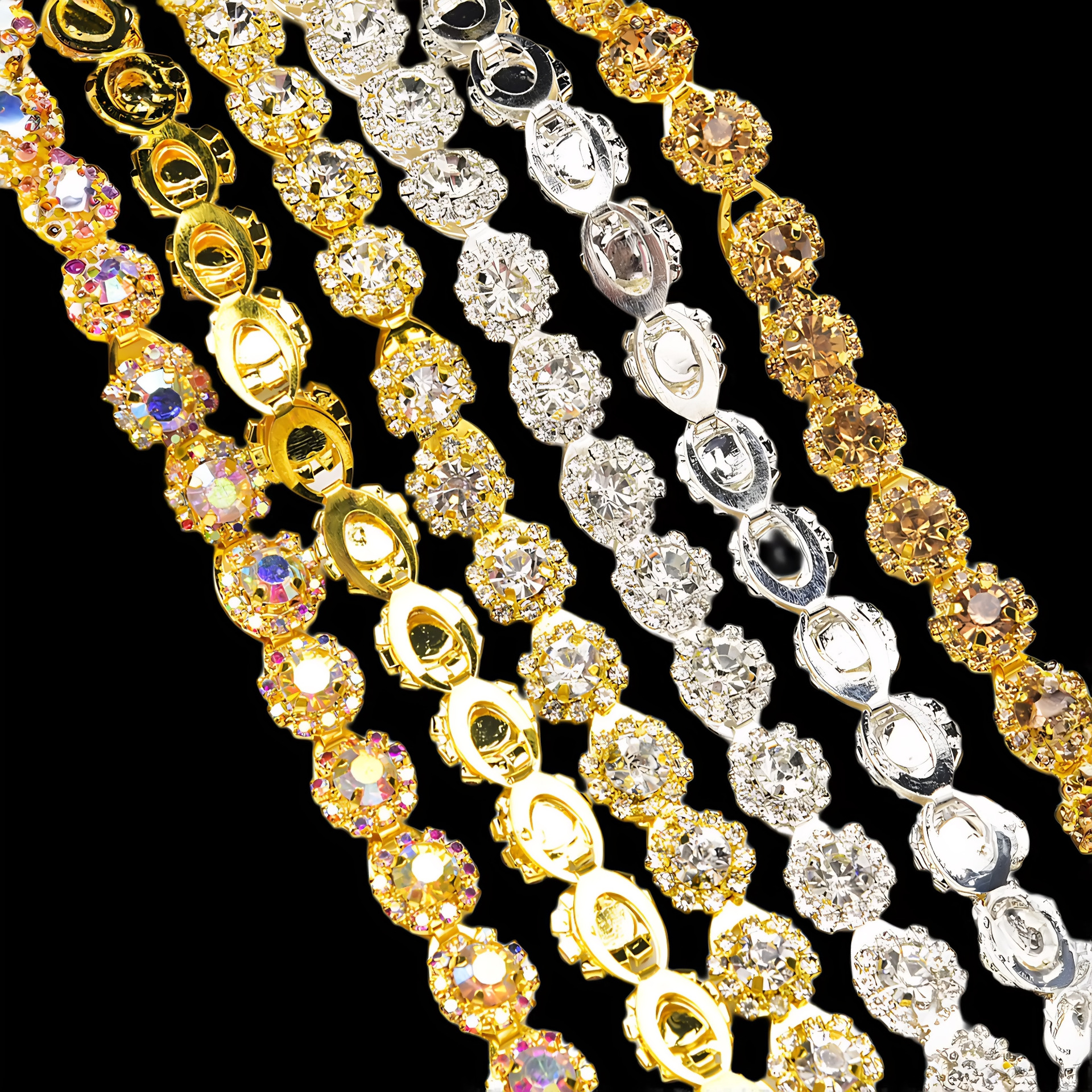 Open-Center Sunflower Glass Rhinestone Chain: supplied design and finish reference