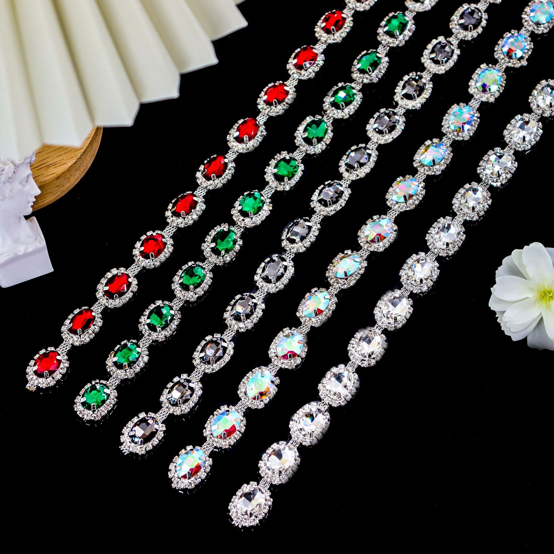 Oval Crystal Halo Chain, Seven Color References: supplied design and finish reference