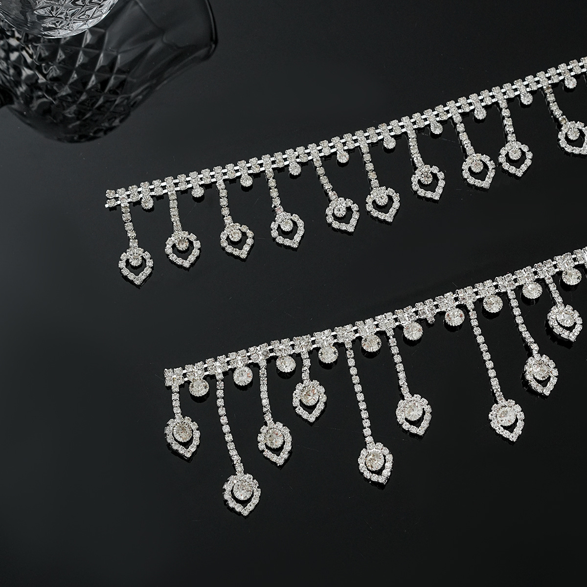 Heart-Outline Rhinestone Drop Fringe motif and placement reference
