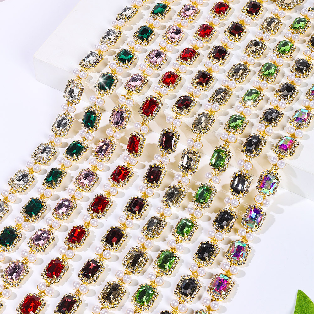Gold-Base Square Crystal & Pearl-Look Chain: supplied design and finish reference