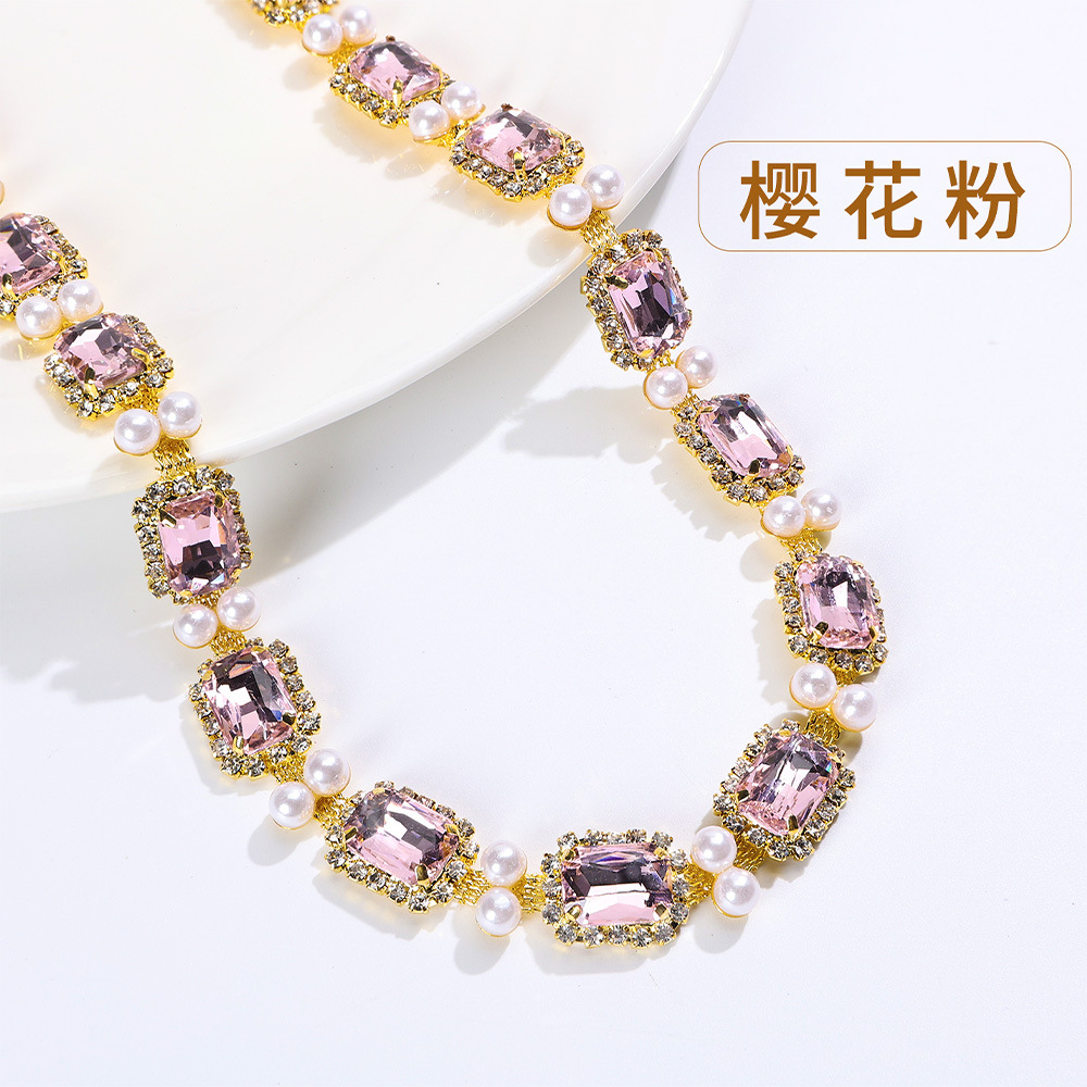 Gold-Base Square Crystal & Pearl-Look Chain — Gold base / pink