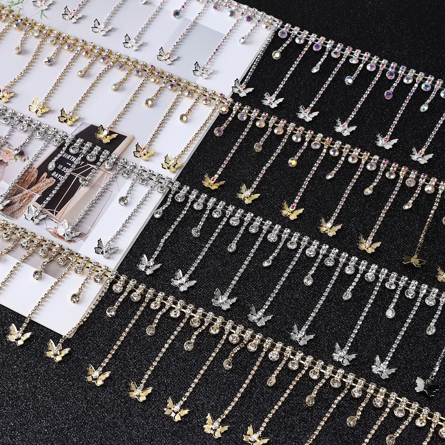 Copper Butterfly Rhinestone Tassel Trim: supplied design and finish reference