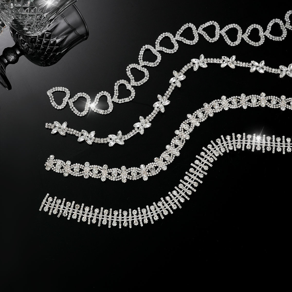 Geometric Rhinestone Borders: Heart, Petal & Double Diamond motif and placement reference