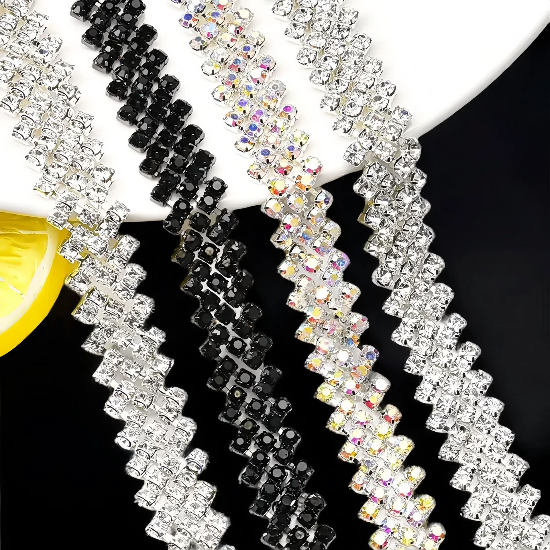Diagonal Five-Row Rhinestone Trim with Prong Options: supplied design and finish reference