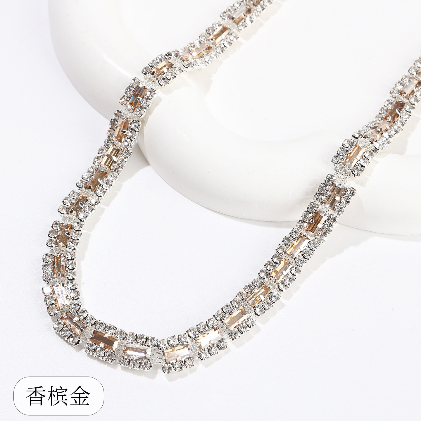 Copper-Base Rectangular Crystal Chain, Ten Colors — Champagne gold - size 1 / Copper bottom 1 yard ≈ 90cm long (source packing: 10 units per roll)