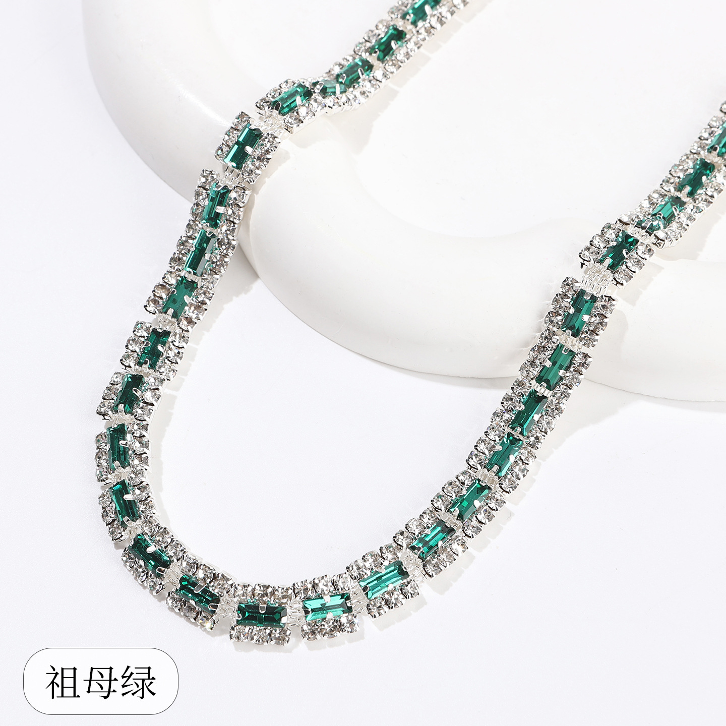 Copper-Base Rectangular Crystal Chain, Ten Colors — Emerald - size 1 / Copper bottom 1 yard ≈ 90cm long (source packing: 10 units per roll)
