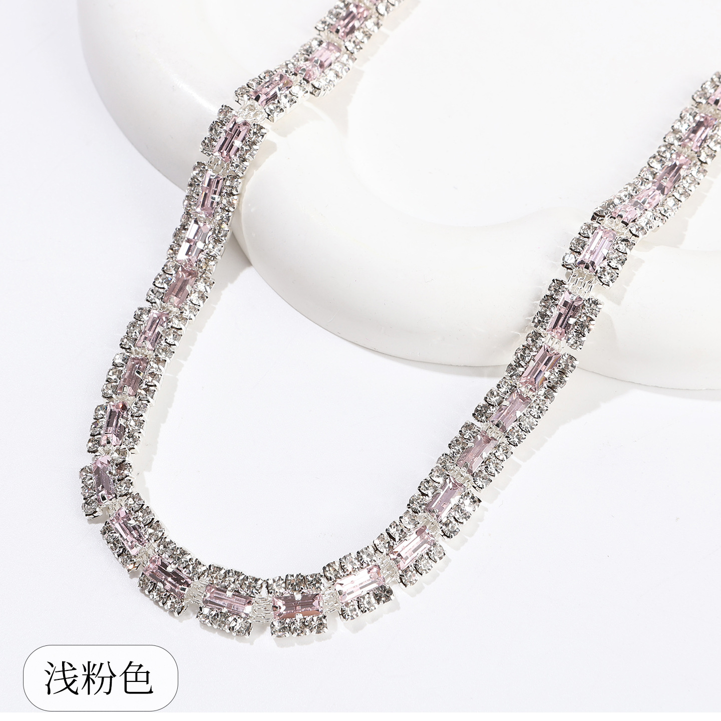 Copper-Base Rectangular Crystal Chain, Ten Colors — Light pink-1 source unit / Copper bottom 1 yard ≈ 90cm long (source packing: 10 units per roll)