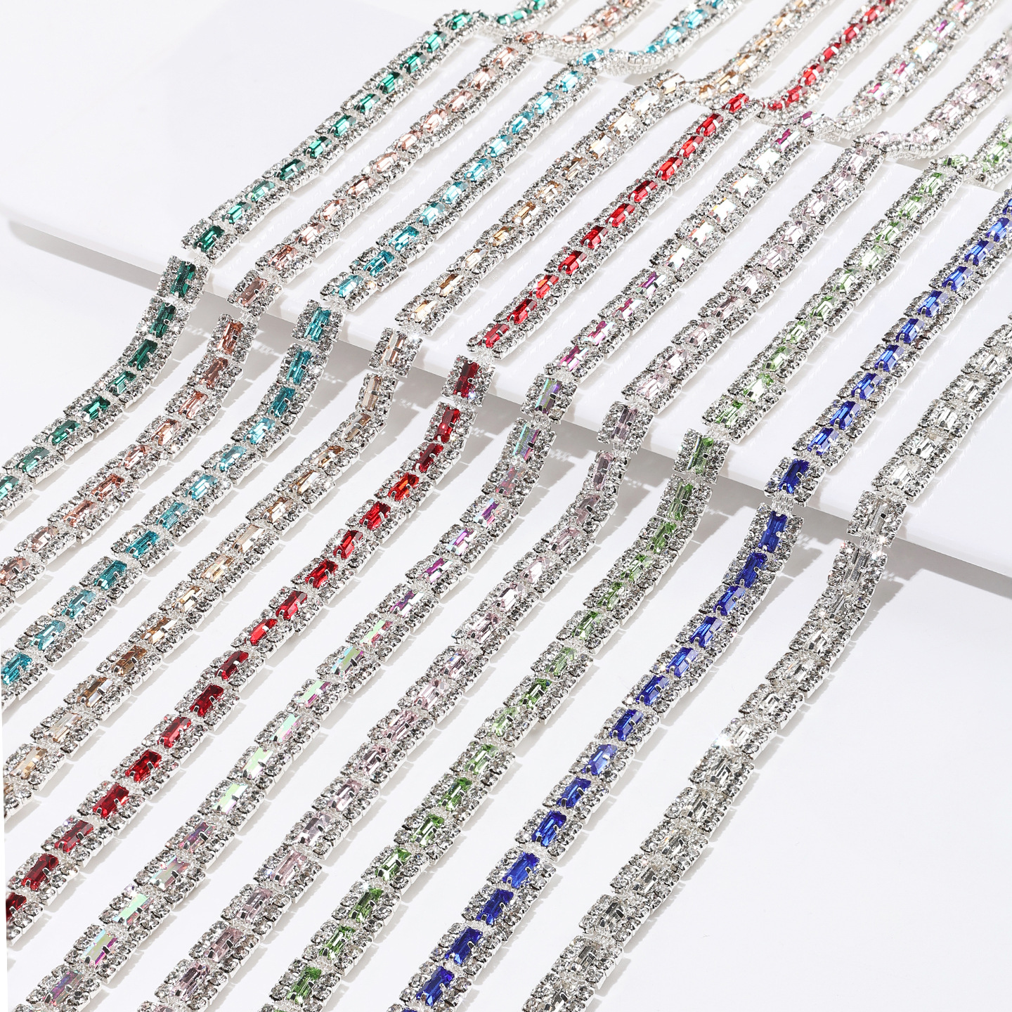 Copper-Base Rectangular Crystal Chain, Ten Colors: supplied design and finish reference