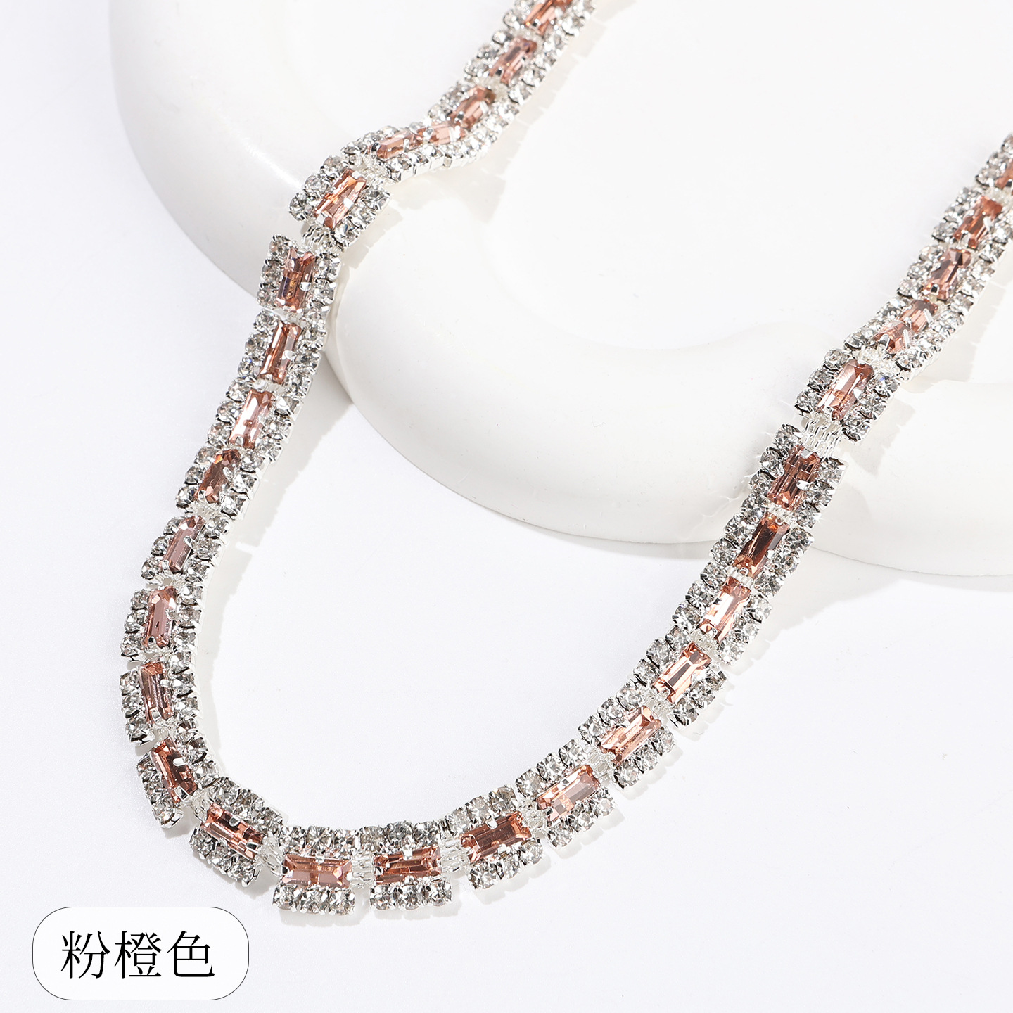 Copper-Base Rectangular Crystal Chain, Ten Colors — Pink orange - size 1 / Copper bottom 1 yard ≈ 90cm long (source packing: 10 units per roll)