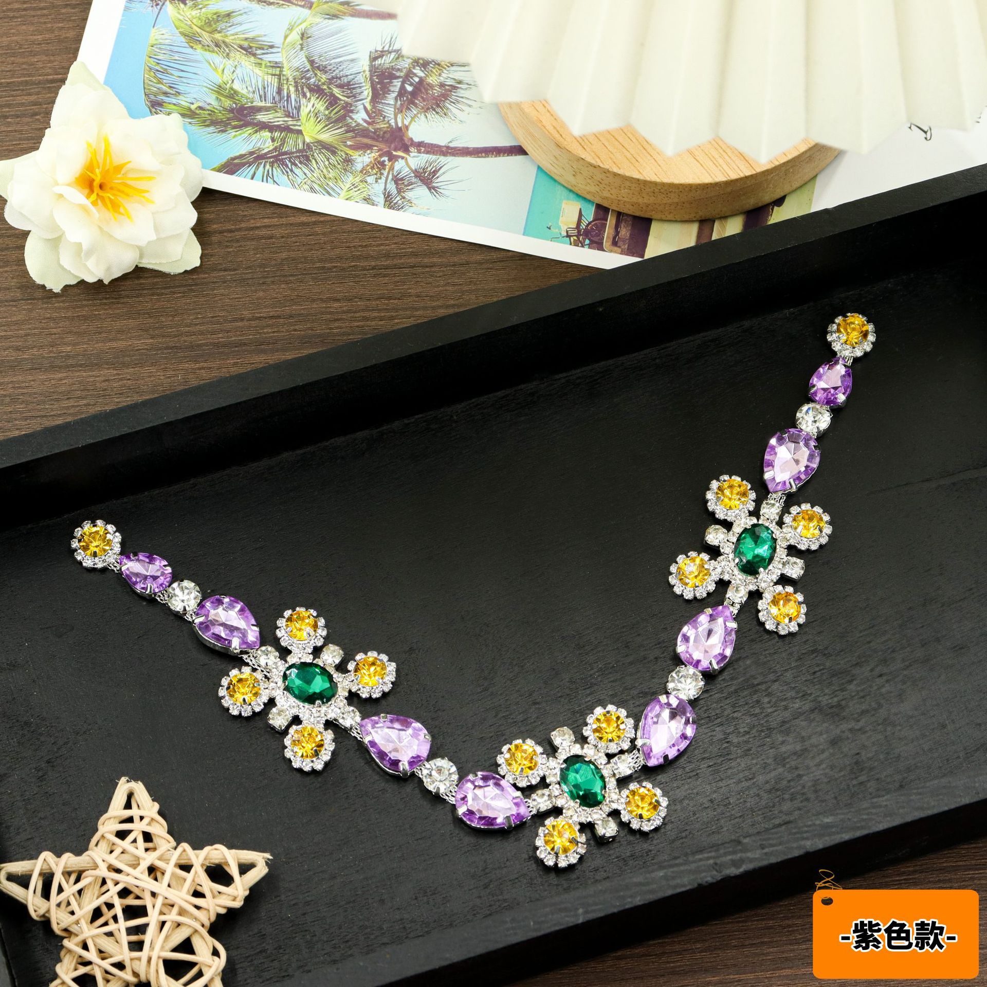 Long Floral Rhinestone Embellishment, 29 × 3.5 cm — No. 6-Purple / 1 [length 29cm * width 3.5cm]]