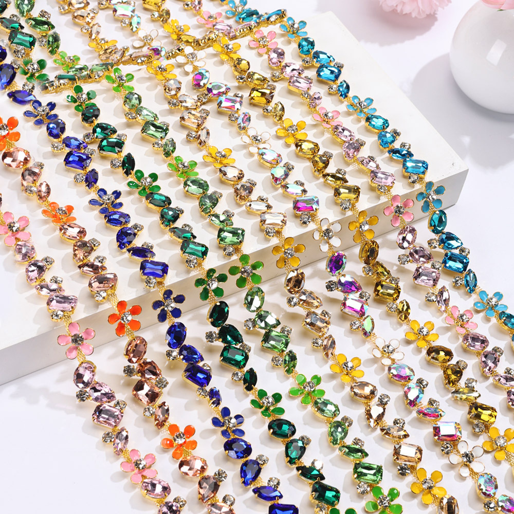 Gold-Base Colored Floral Rhinestone Chain on Copper: supplied design and finish reference