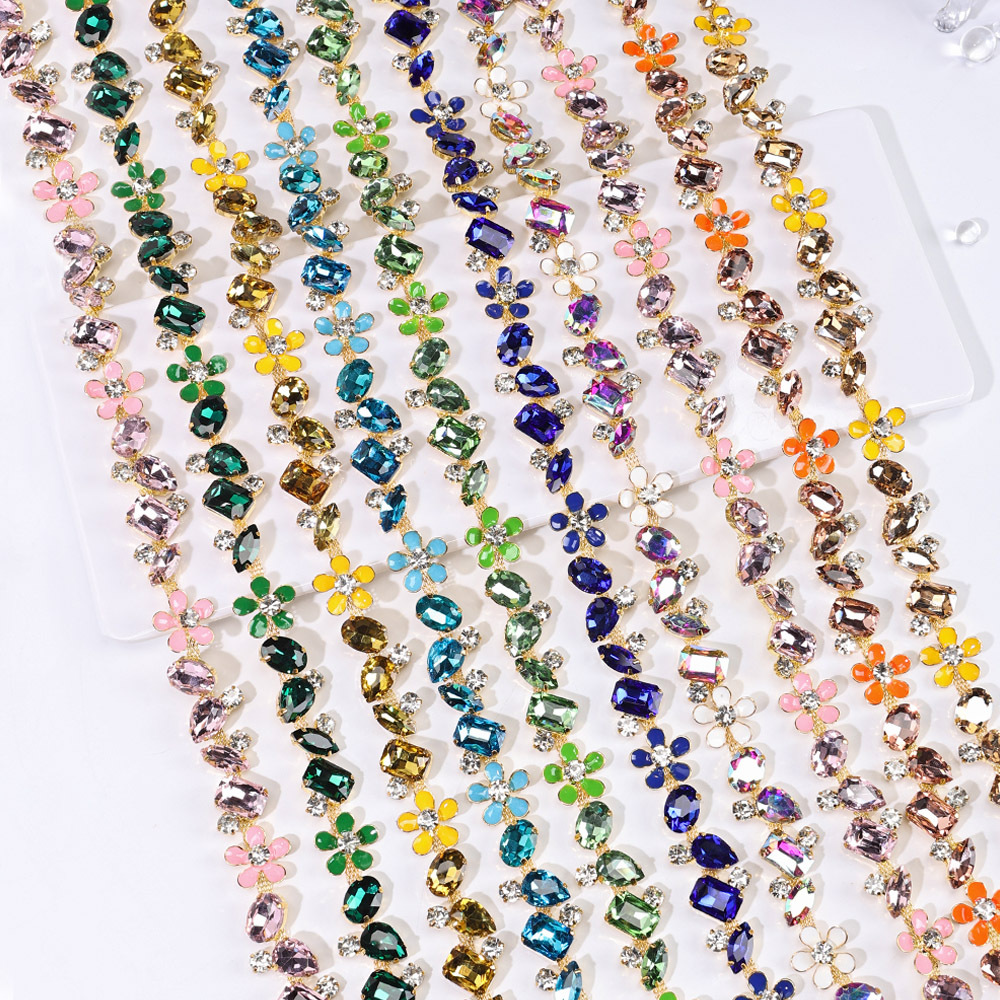 Gold-Base Colored Floral Rhinestone Chain on Copper motif and placement reference
