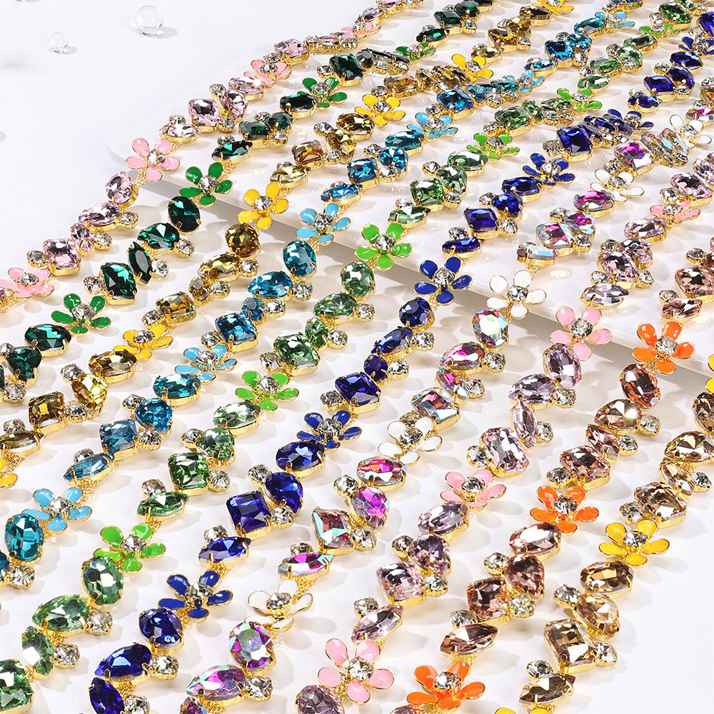 Gold-Base Colored Floral Rhinestone Chain on Copper construction reference