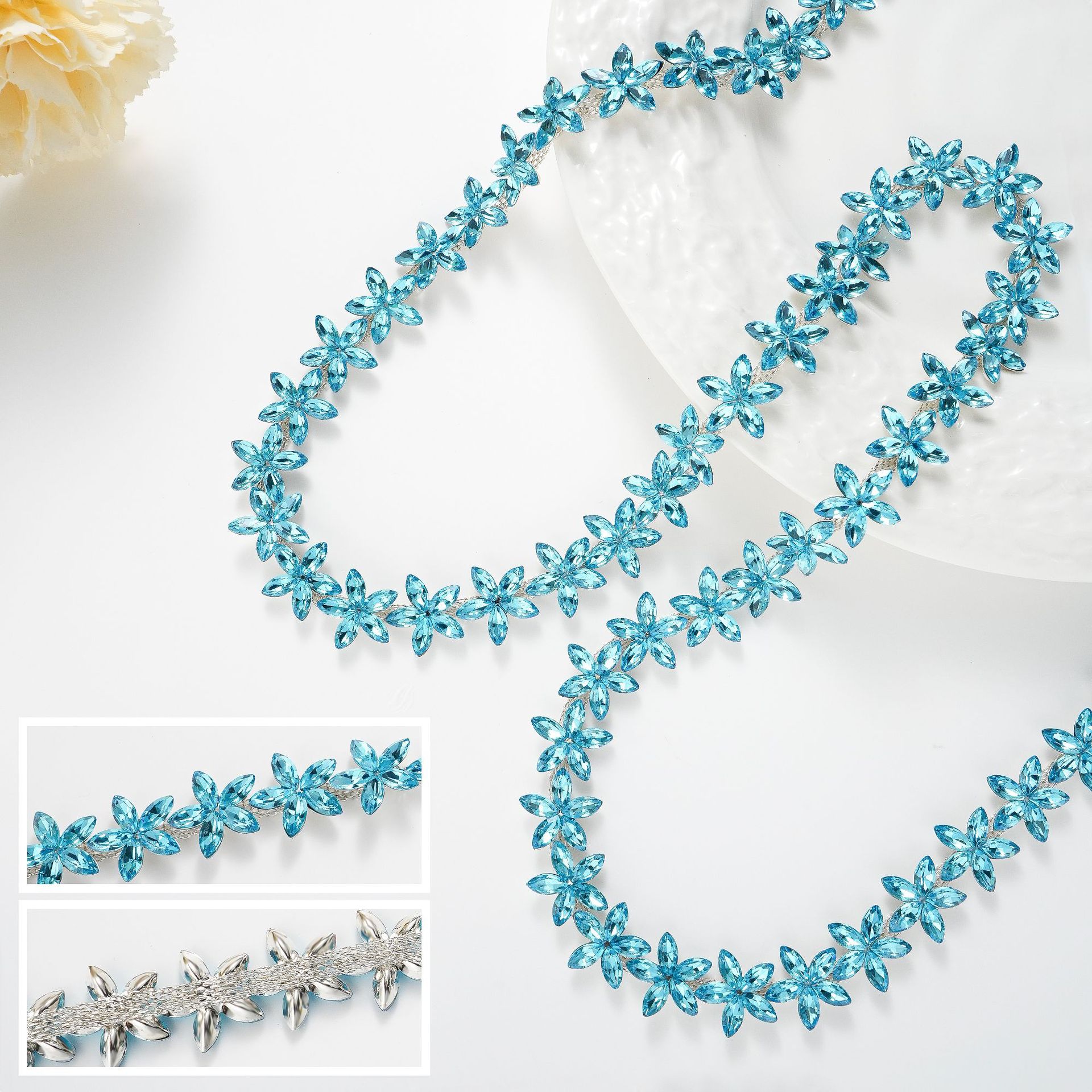 Small Star-Flower Rhinestone Chain, 1.6 cm — Silver bottom lake blue-width 1.6cm-1 source unit / Copper base 1 yard ≈ 90cm long (source packing: 10 units per roll)